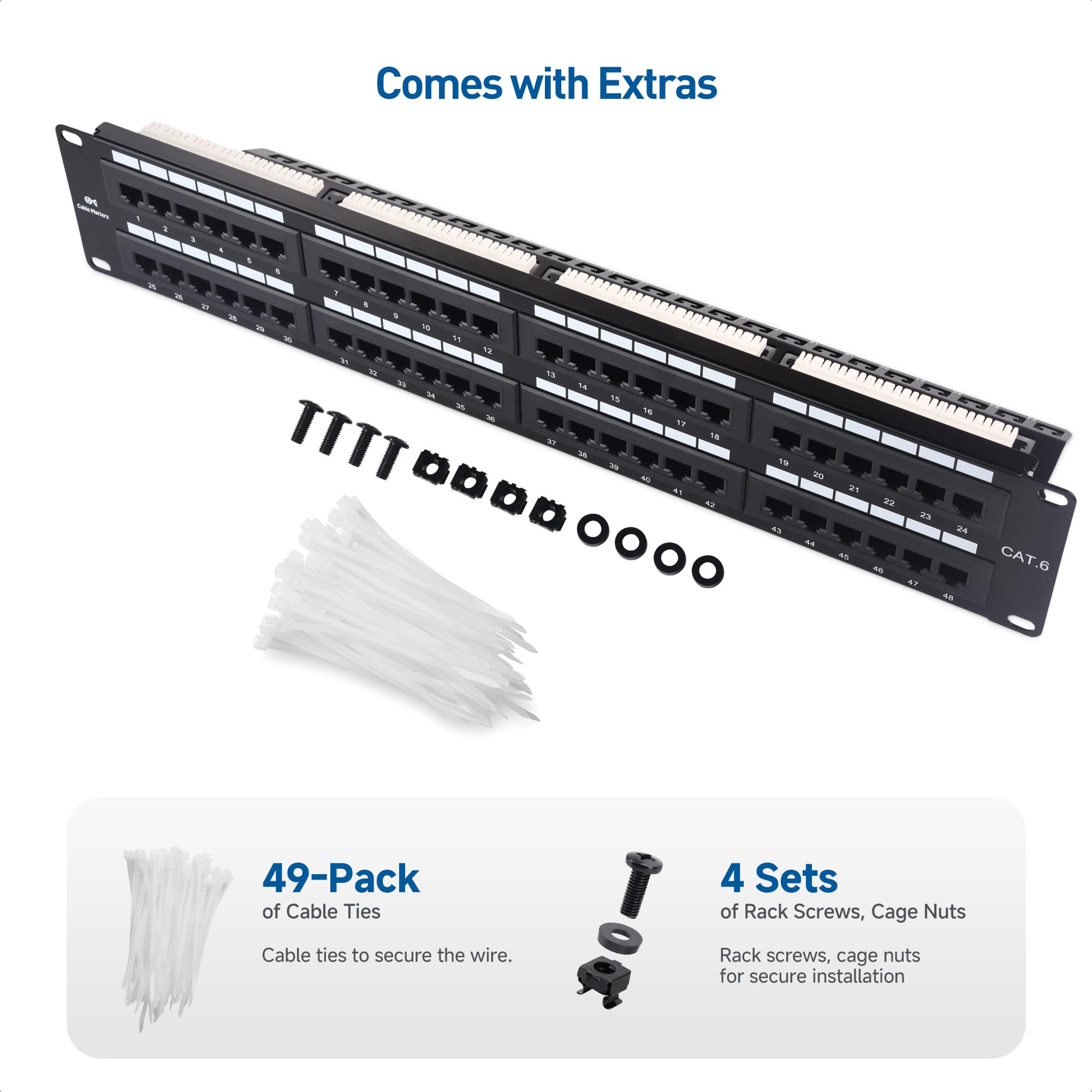 Cable Matters Pannello patch di rete 2U a 48 porte per montaggio a rack o a parete con barra di supporto (pannello RJ45 Cat6 da 19") per rete Gigabit, compatibile con strumenti di impatto 110 o Krone