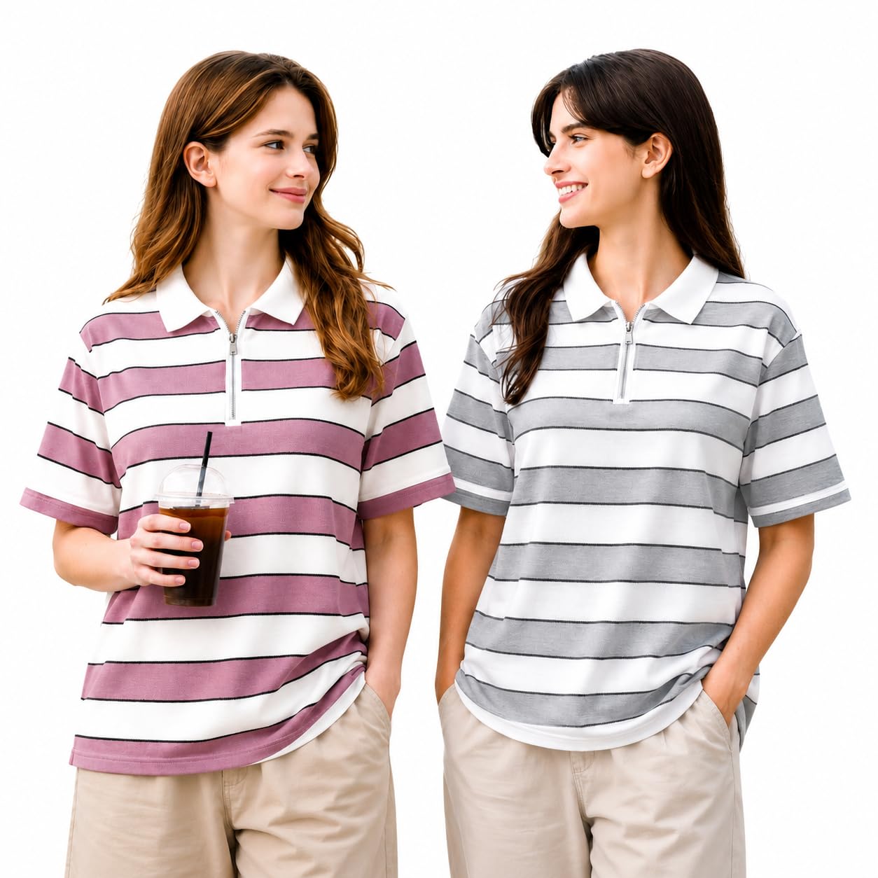Women's Regular Fit Striped Half Zip Polo T-Shirt | Cotton Blend | Collared Neck | Half Sleeve Casual Top (Pack of 2)-MN-477-picture-38