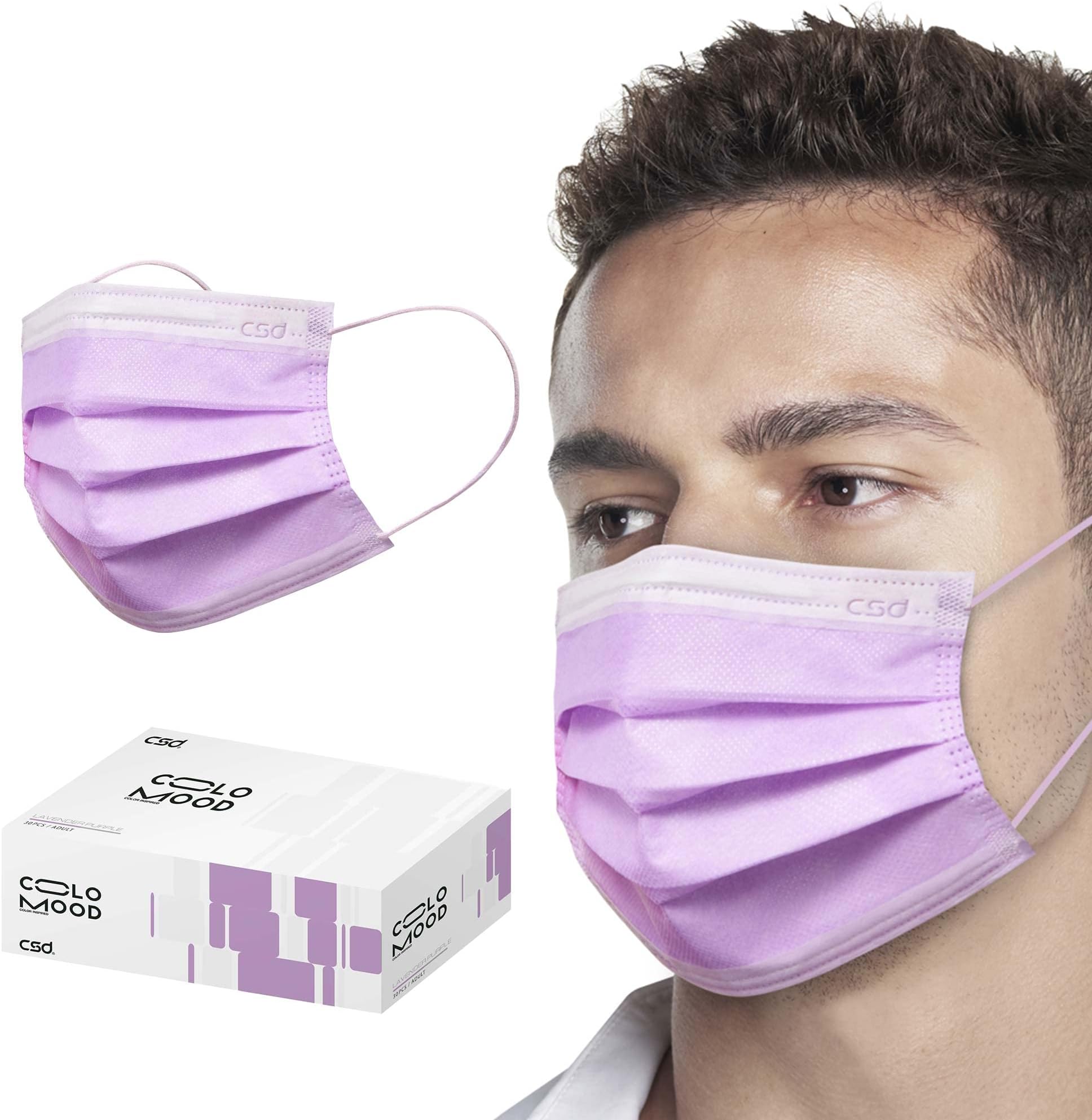 CSD Colo Mood Disposable Face Mask, 3 Ply Filter Protection with Colored Elastic Earloop, Breathable and Fashionable for Adult, Lavender Purple 30 Pcs/Box