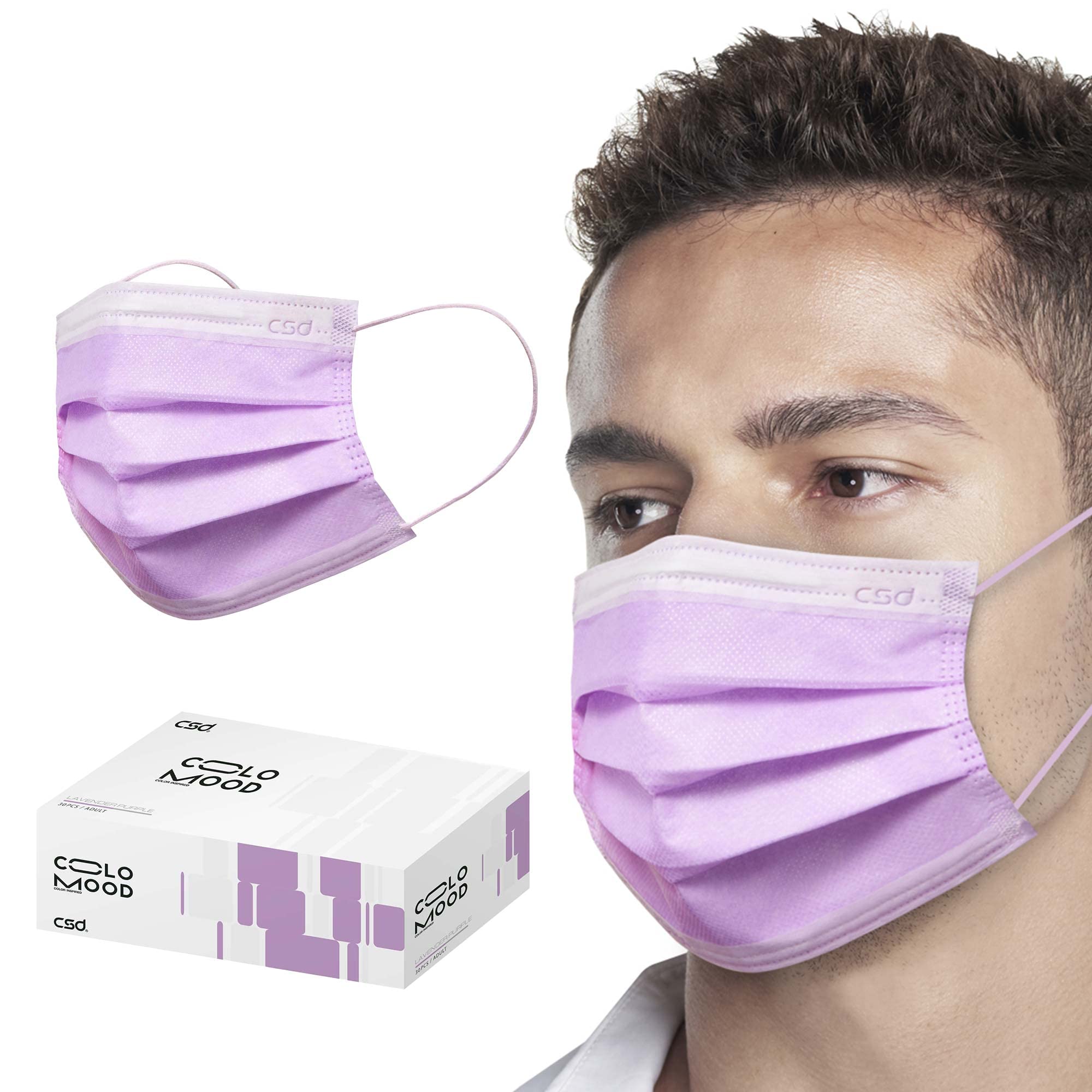 CSD Colo Mood Disposable Face Mask, 3 Ply Filter Protection with Colored Elastic Earloop, Breathable and Fashionable for Adult, Lavender Purple 30 Pcs/Box