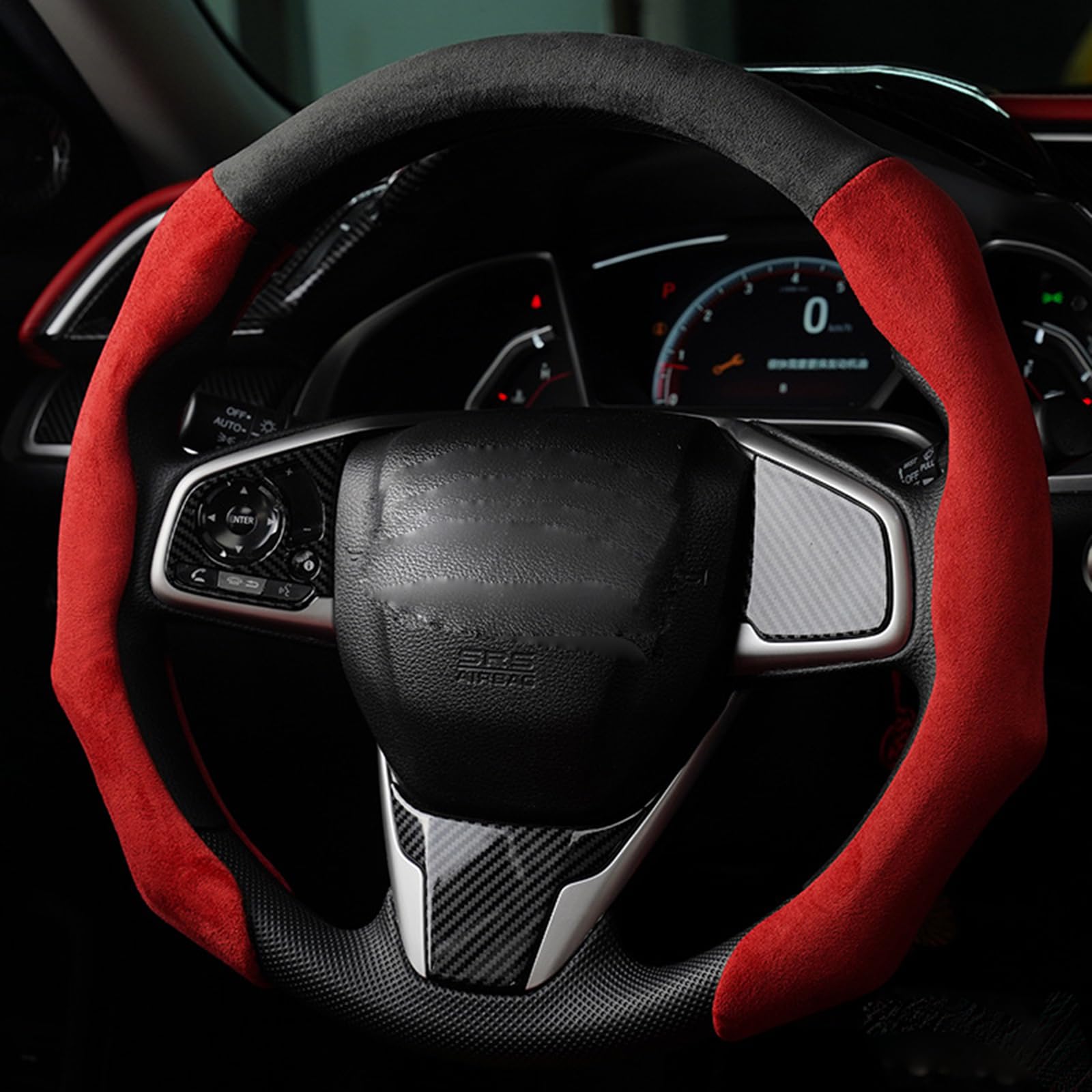 Quick Install Sporty Suede Leather Steering Wheel Cover Wrap with Red Top Trim Universal fit Any 14 ½” to 15” Car SUV Pickup Steering Wheel