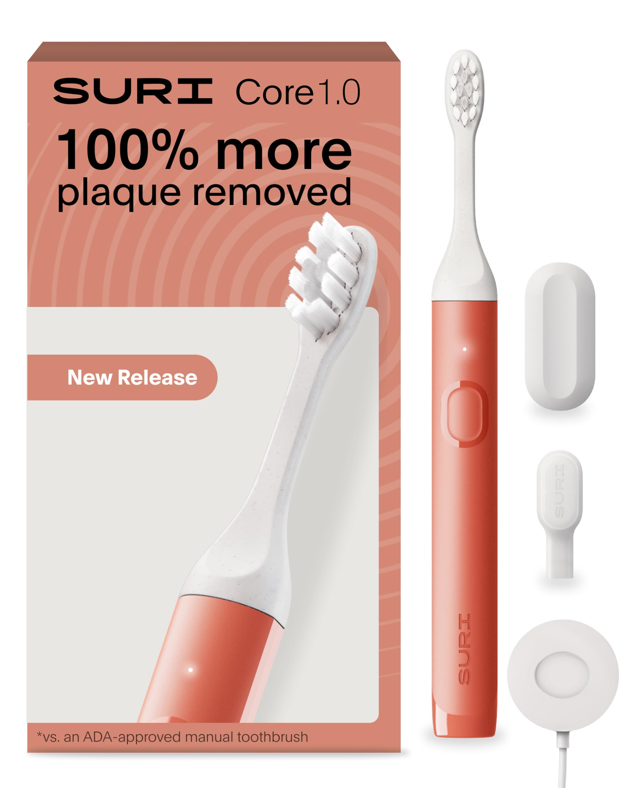 SURI Brosse à dents électrique Core Sonic | Jusqu'à 4 semaines de batterie | Couvercle de tête de voyage | Capteur de pression | Corps bio-basé* | Minuterie de 2 minutes | Tête à base de plantes