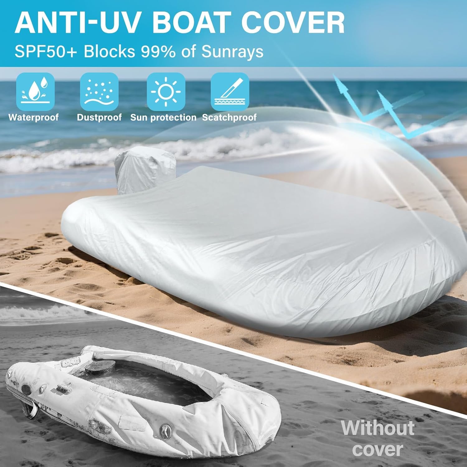 Inflatable Boat Cover with Motor Cover, 900D Waterproof Cover for Inflatable Dinghy 12-13 Feet,Heavy Duty Anti-UV Canvas with Hurricane Proof System for Storage, Mooring,Trailer,Sliver Gray