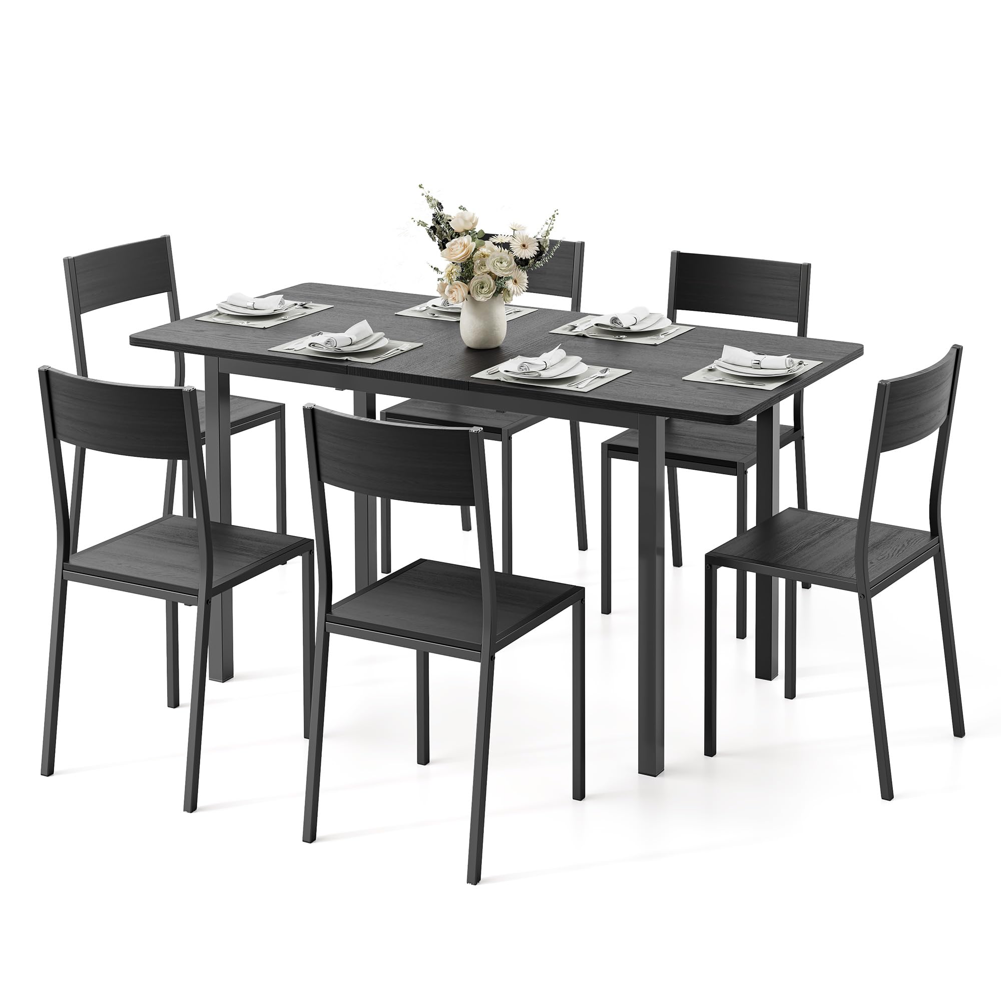 Xbro Conjunto Mesa y Sillas 6 Personas Extensible, Mesa Comedor con 6 Sillas, Ahorro de Espacio, Estructura Metálica Estable, Fácil de Montar, Cocina Comedor 110–140 cm