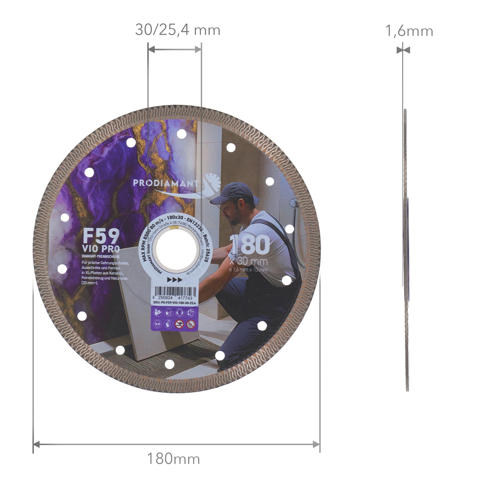 PRODIAMANT Disco de corte de diamante F59 VIO PRO 180 mm x 30/25,4 mm | Altura del segmento 10 mm | Ancho de corte 1,6 mm