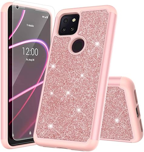 Funda protectora para T-Mobile Revvl 5G con protector de pantalla y protector de pantalla brillante de goma con diamantes brillantes para niñas y