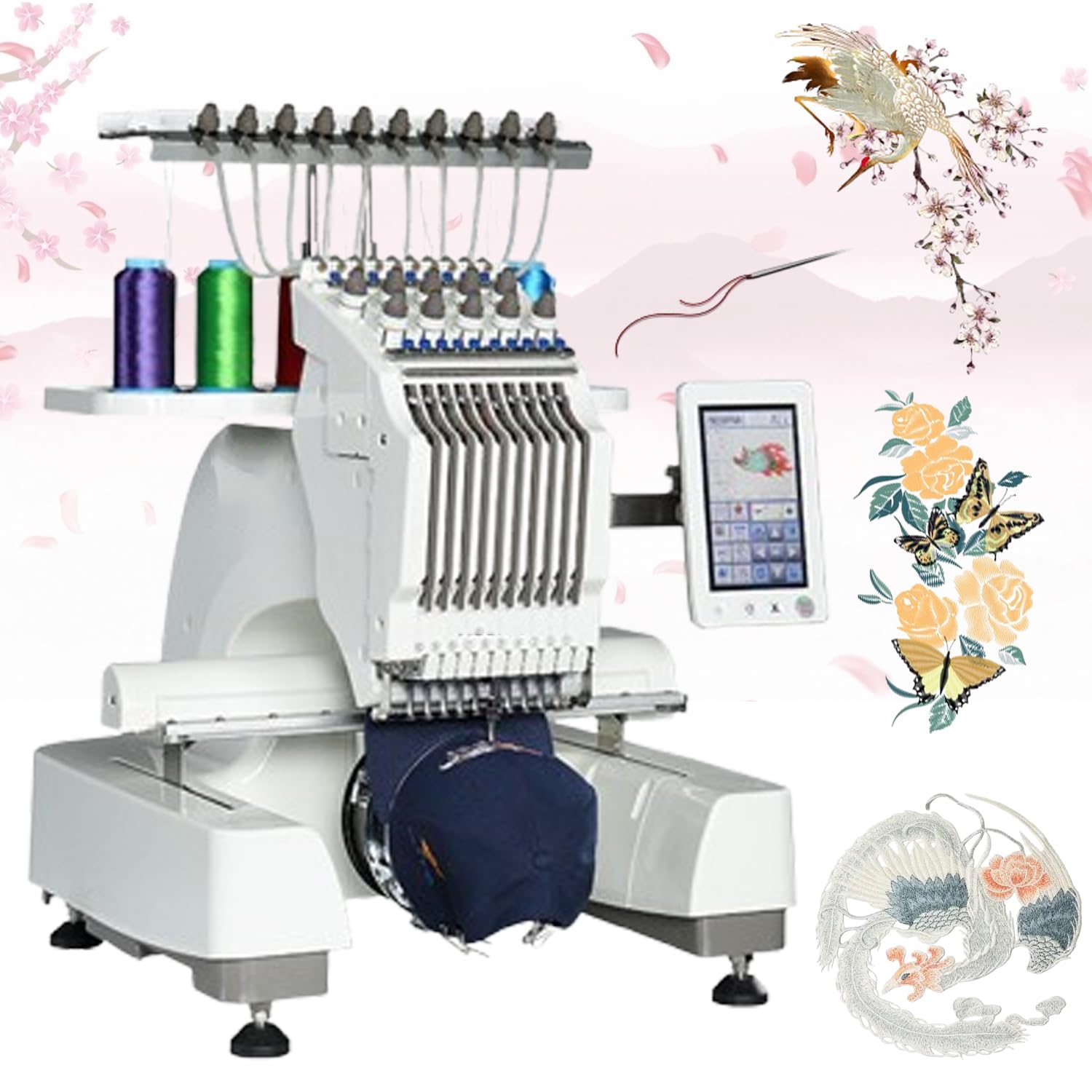 Single-Head Multi Needle Embroidery Machine, 2000W Computerized Sewing Machine, 10 Needles, Hat Embroidery Angle 220°, 1000 RPM Speed, 310 * 210 Mm Embroidery Size, 20 Million Stitches/200 Patterns