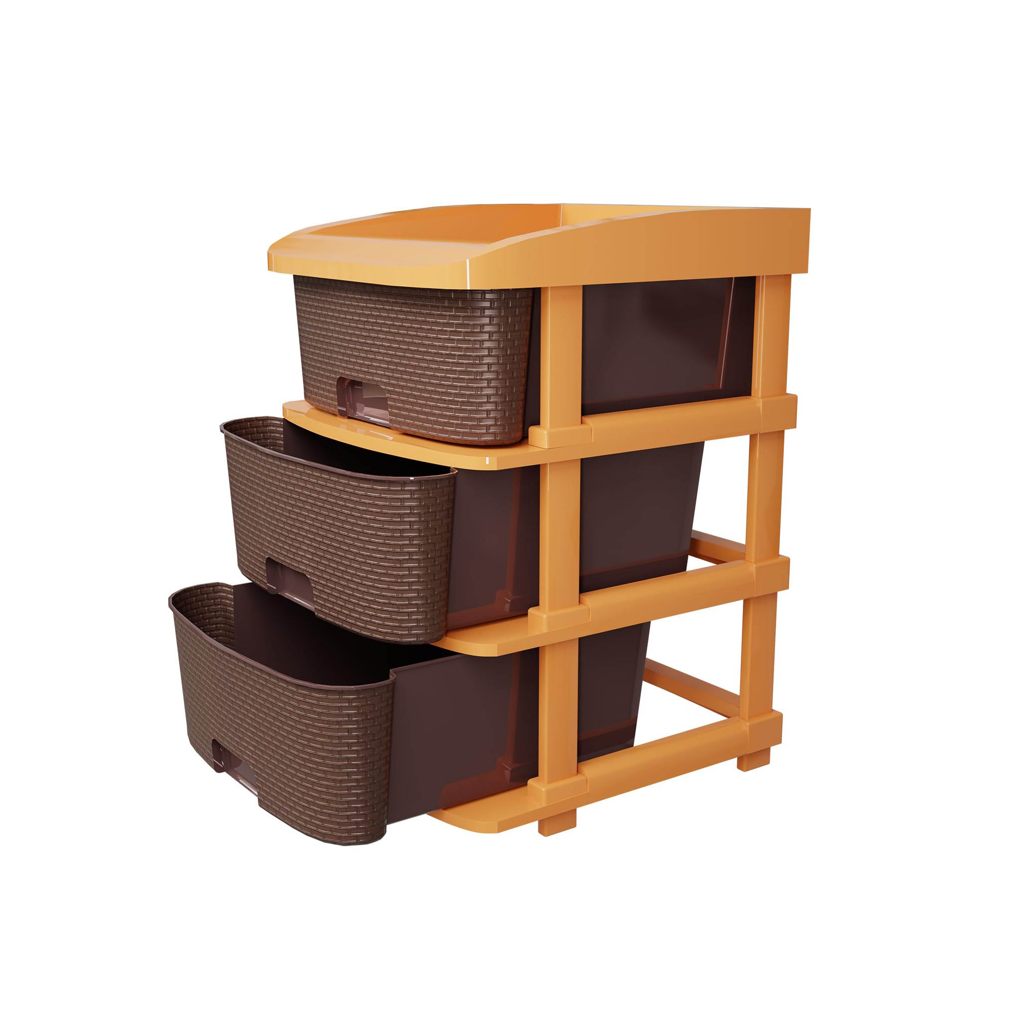 TEX-RO Plastic Modular Drawer Storage Chest Of Drawers Organizer Storage Box, Large Stomo Racks For Multipurpose Organizers | Brown | 3 Layer