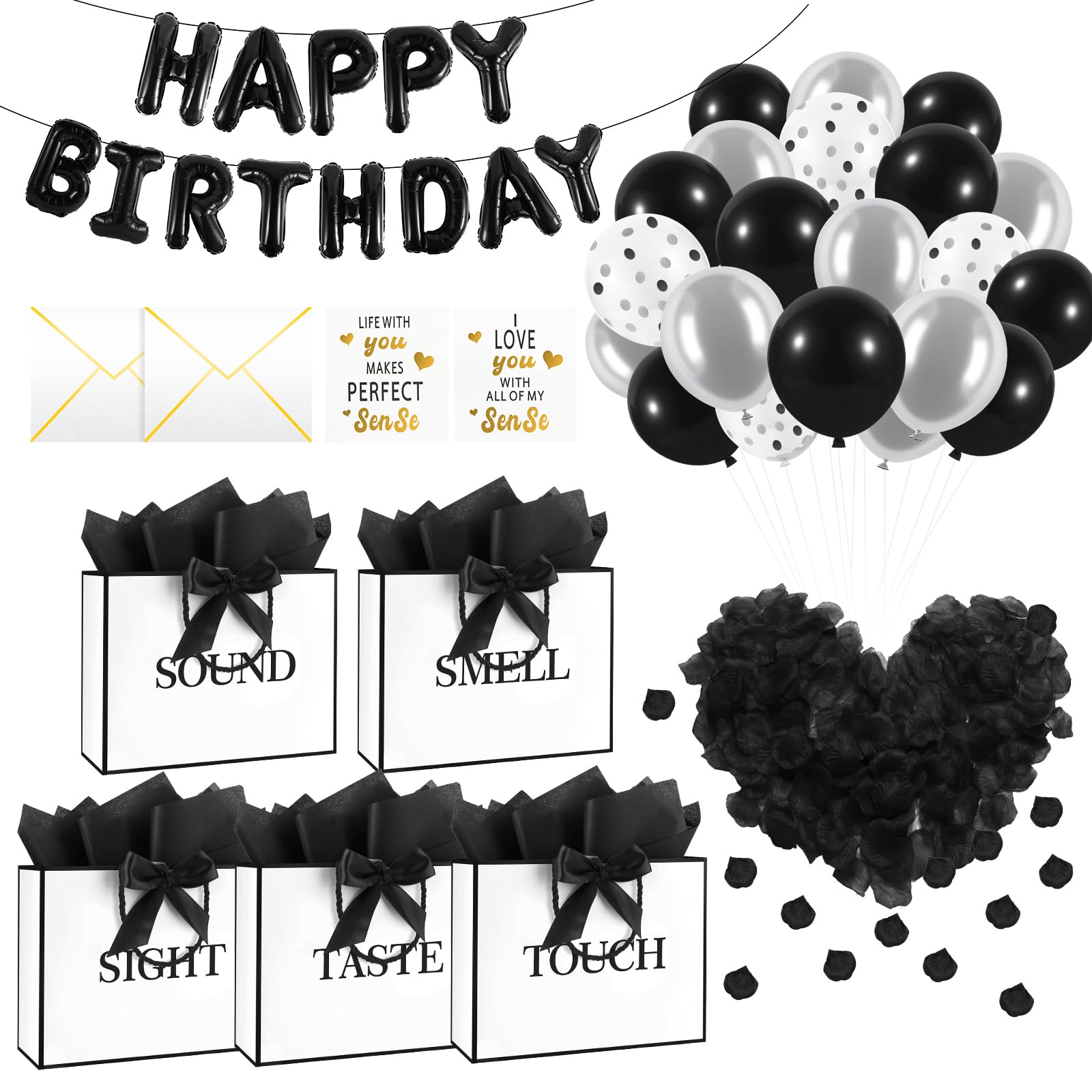 Epoesch 5 Senses Gift Bags for Him with Labels, Tissue Paper & Bow Ribbon | Happy Birthday Decorations Kit with Banner,Balloons, Rose Petals, Envelope, Card for Men, Women and Her (White with black trim)