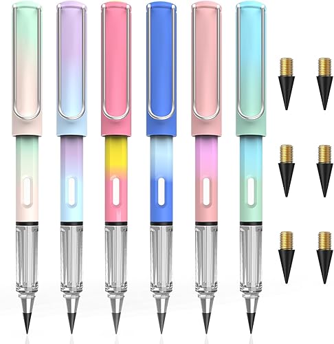 ALECPEA 6 lápices eternos infinitos, lápiz infinito con borrador, lápices mágicos sin tinta eternos con 6 puntas de repuesto (degradado)