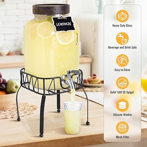 Miniatura 3 de Mustry Dispensador de bebidas de vidrio para fiestas, dispensador de bebidas de 1 galón con soporte y espita de acero inoxidable sólido, utilizado