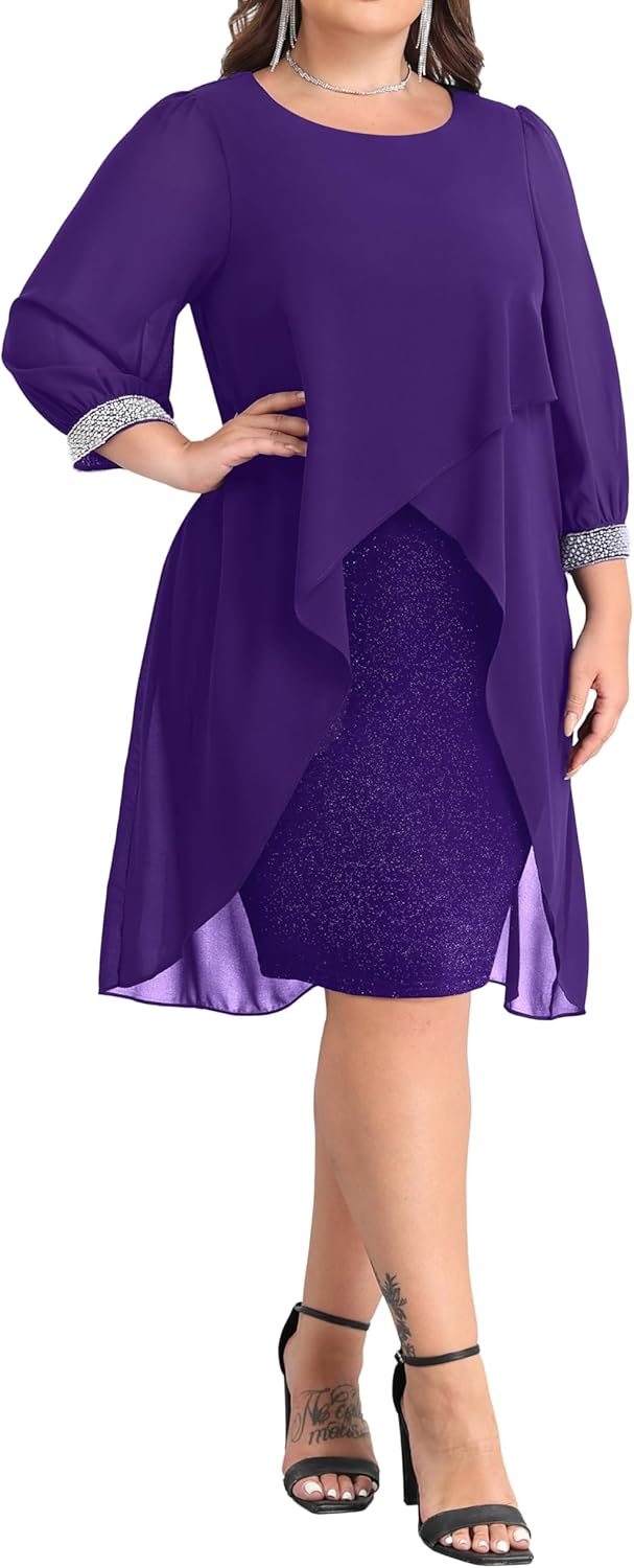 Talisea Plus Size Cocktail Dress - Elegant Chiffon Cape 3/4 Sleeves Glitter Evening Party Wedding Guest Dresses Women Formal