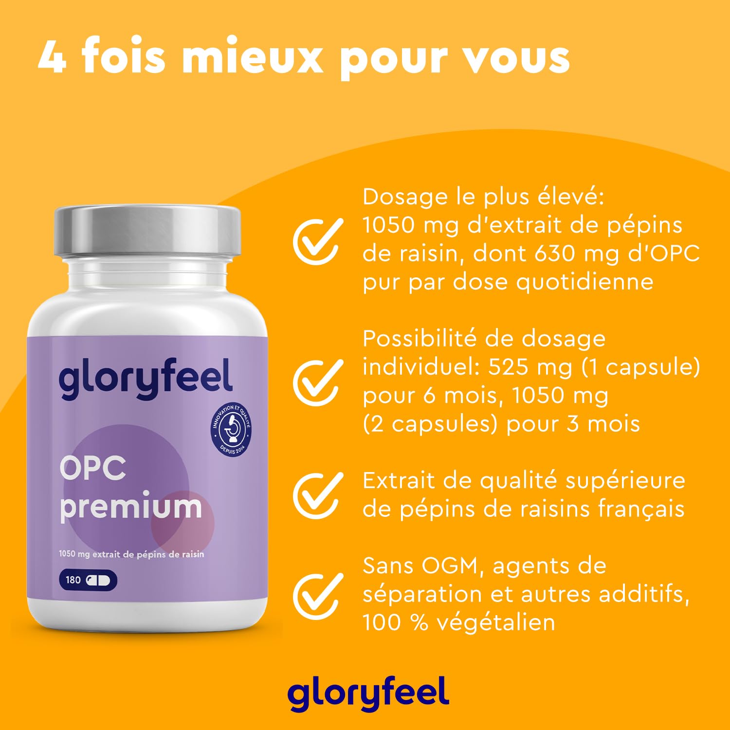 OPC Extrait de Pépin de Raisin Français 1050mg, Teneur HPLC Très Élevée, 630 mg d'OPC Pur Par Jour, 180 Capsules, 100% Naturel, Végétalien, Qualité Premium, Testé en Laboratoire