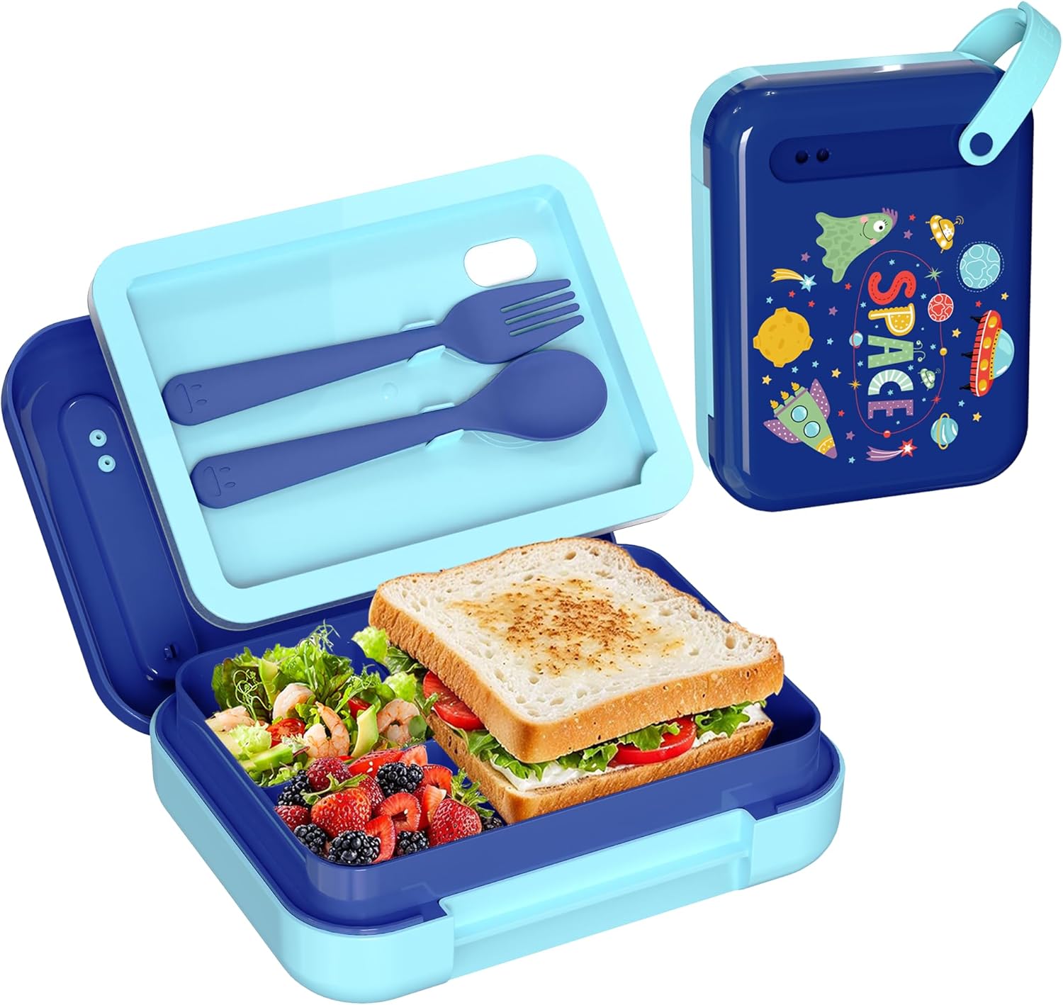 Kids Bento Lunch Box for Boys & Girls – 4-Compartment Leak-Proof Lunch Container with Hidden Silicone Handle, Lightweight, BPA-Free, 855ml for School & Travel (Space)