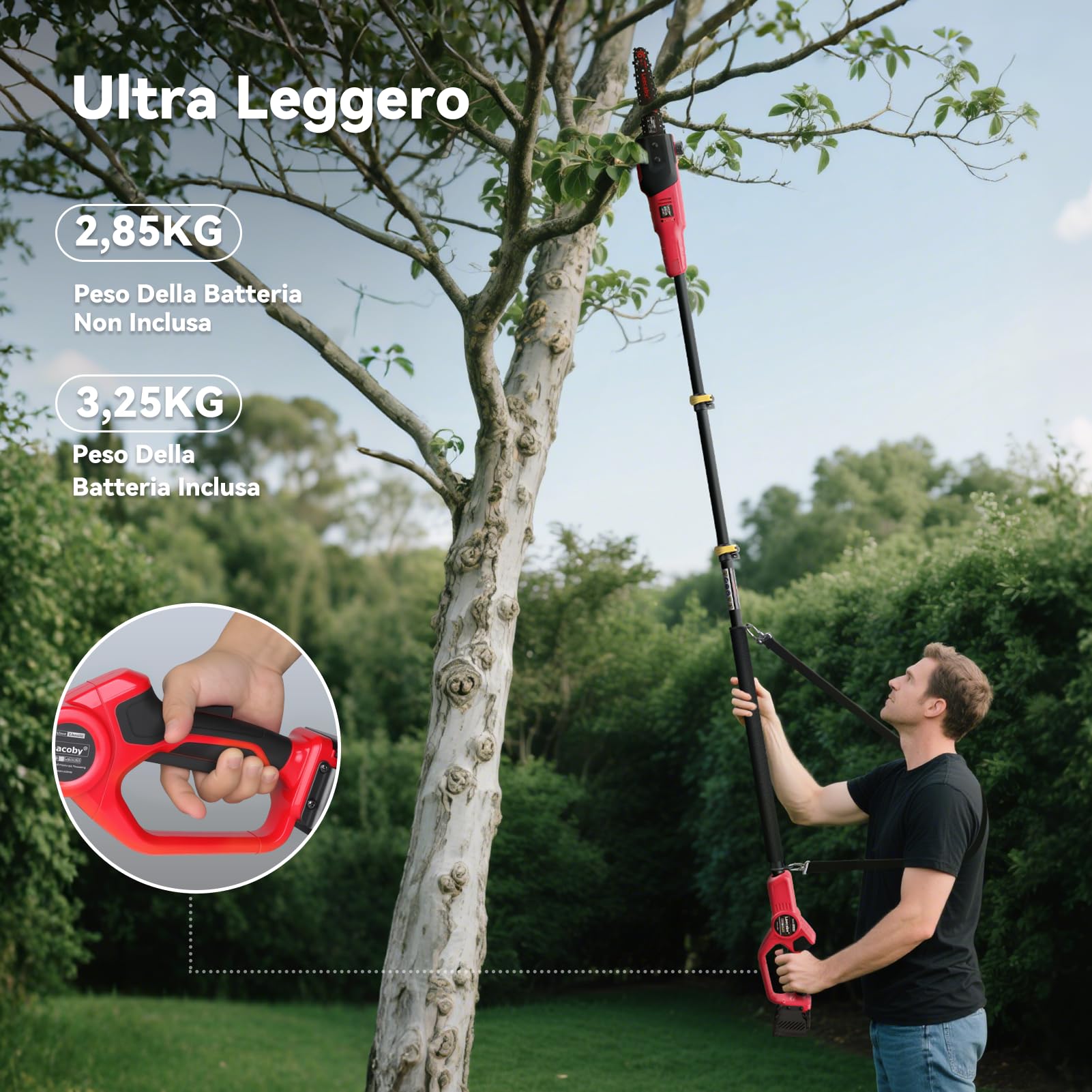 Laecabv Potatore Telescopico,sega ad asta telescopica,Sega Potatrice Elettrica,Batteria 21V 4Ah e Caricabatterie,Diametro di taglio 18cm,Velocità Catena 8m/s,Auto-Lubrificante,espandibile fino a 300cm