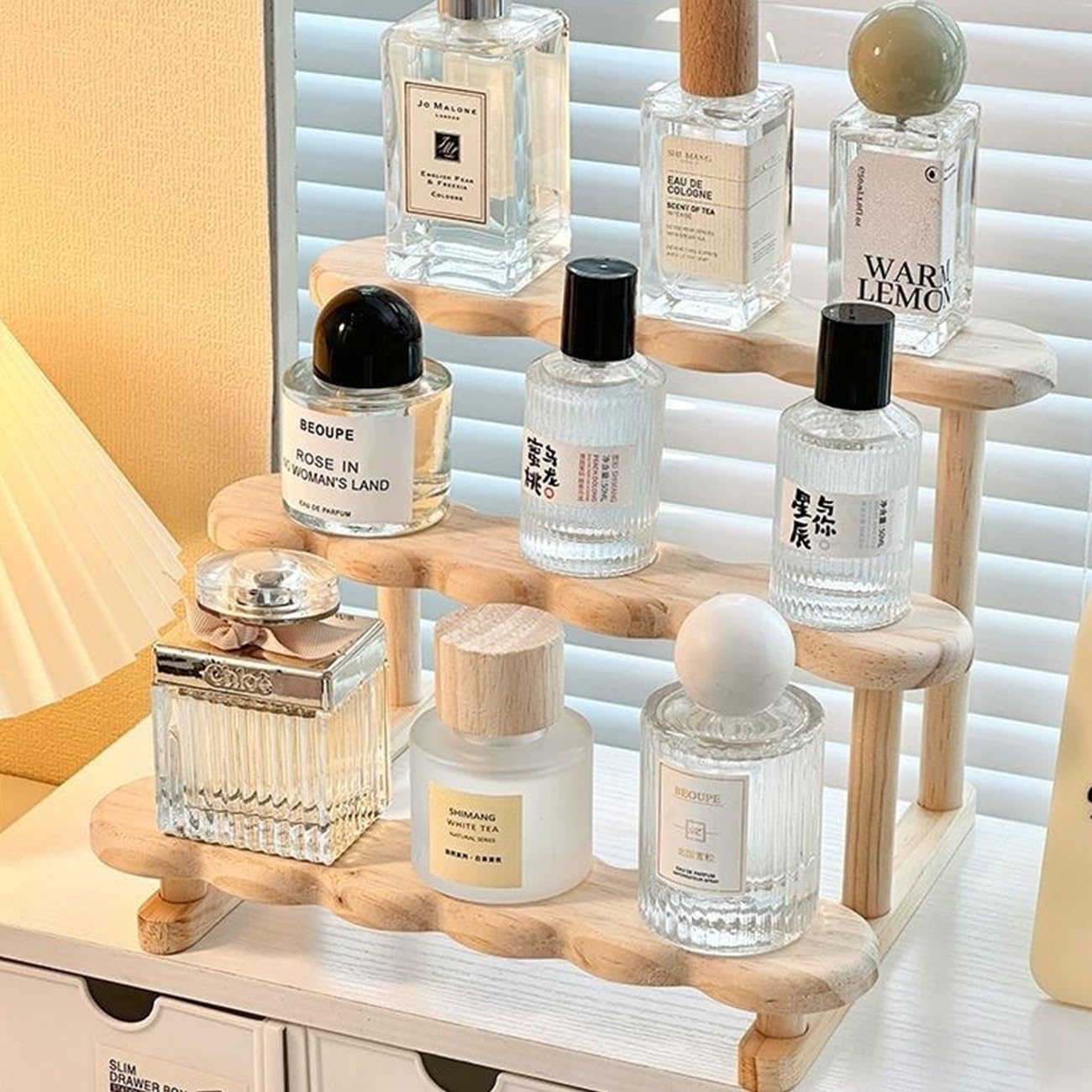 BYCY 3 Tier Wood Display Stand Minifigures Display Stand Wooden Perfume Organizer Cupcake Stand for Cosmetic Doll Model Lego Displays