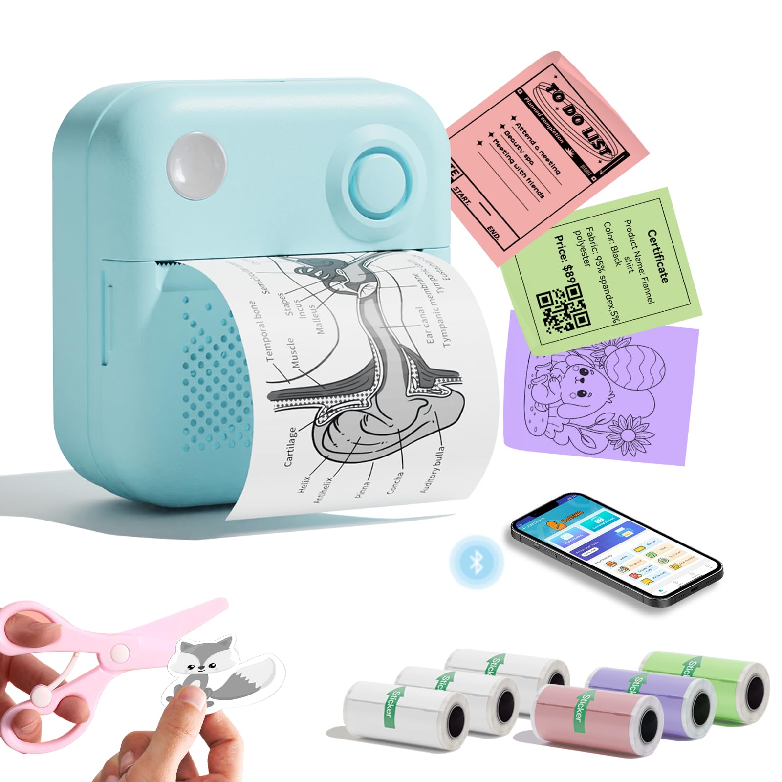 Sticker Printer with 7 Rolls Paper, Portable Mini Sticker Maker Bluetooth Thermal Printer for Photos, DIY,Crafts,Journal,Study,Work, Compatible Phone&Tablet (Blue)-image-13