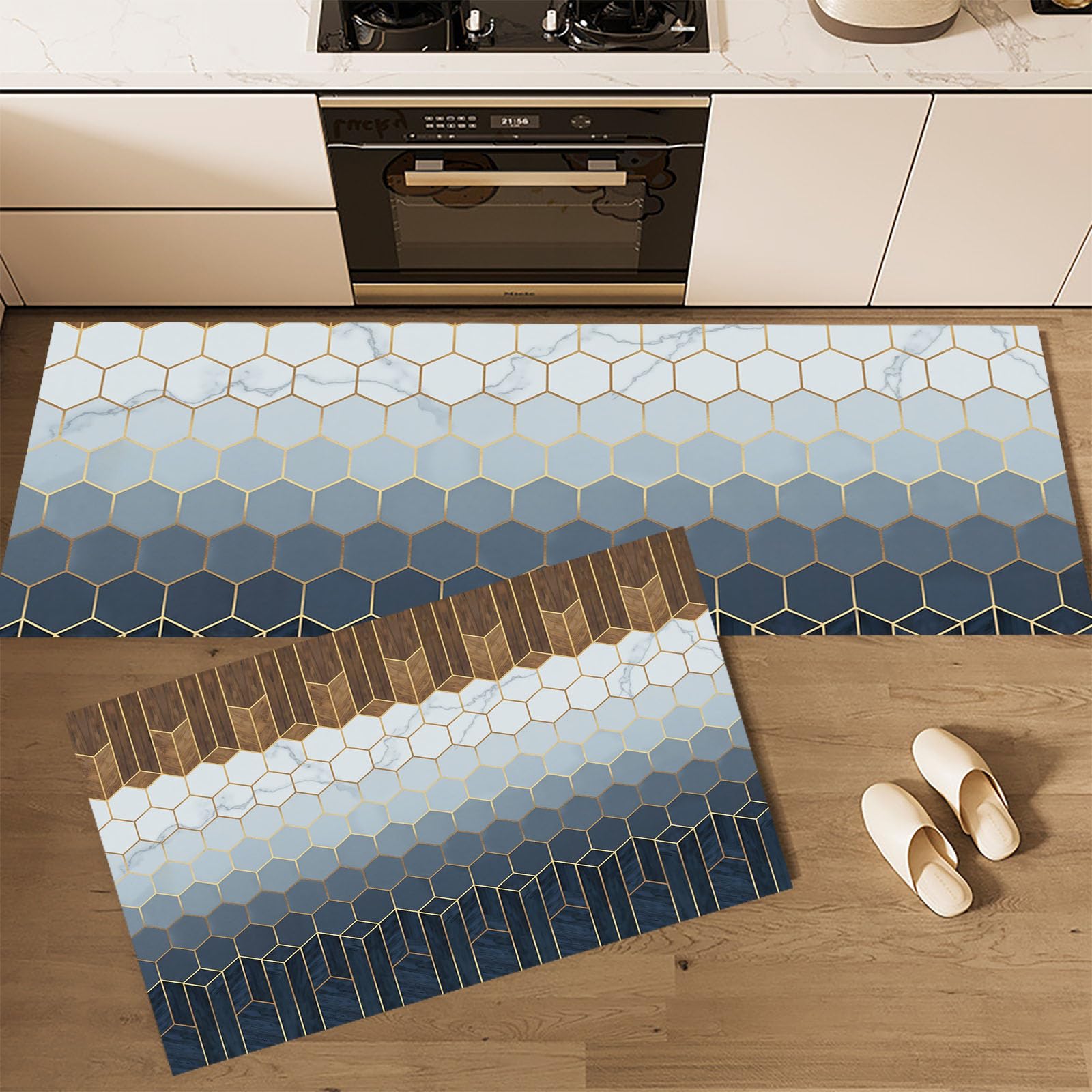 Evita resbalones con el juego de 2 alfombras de cocina absorbentes de mármol en panal