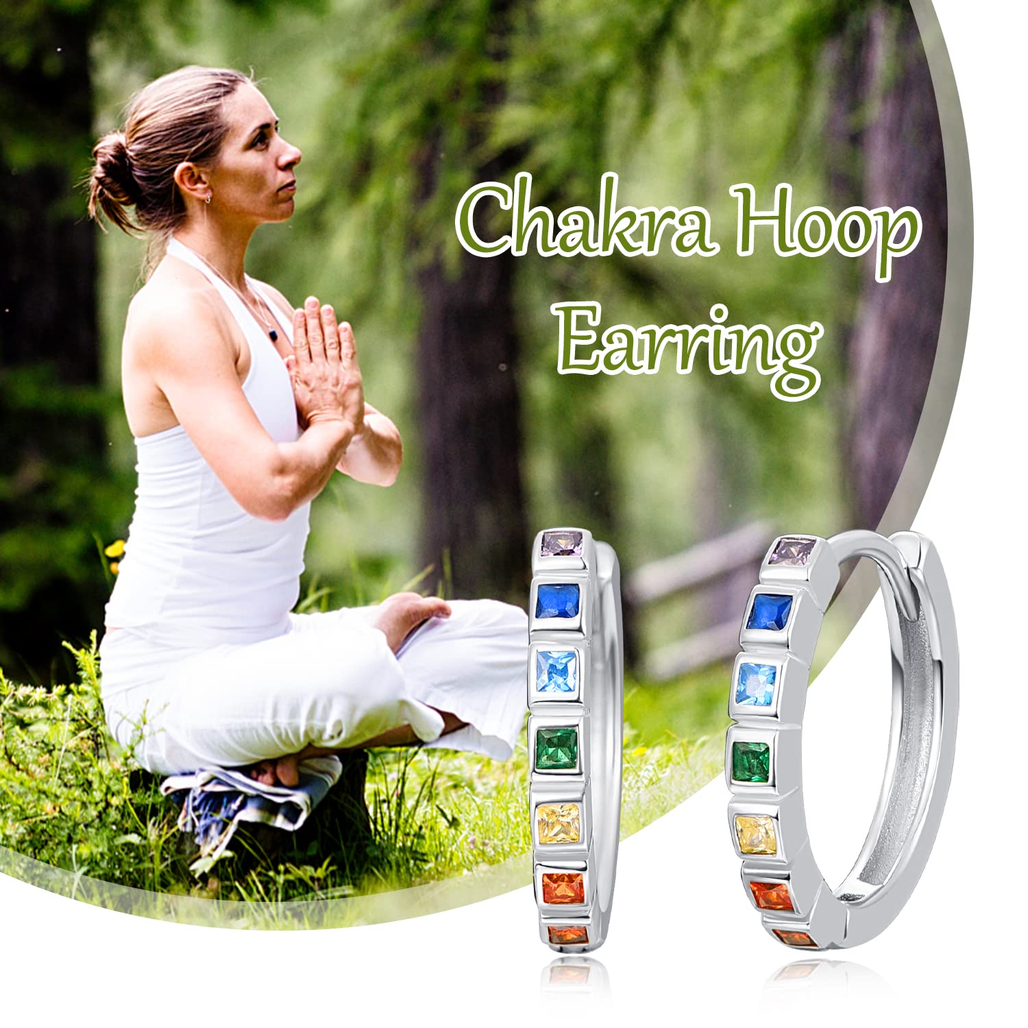 KINGWHYTE Pendientes de aro de chakra de plata de ley 925, pequeños aretes de aro para curación de chakras, regalo de yoga para mujer