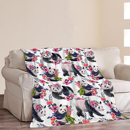 Miniatura 2 de Manta de panda suave y acogedora con estampado floral de panda, manta decorativa de felpa para todas las estaciones, ultra cálida, ligera, mullida,