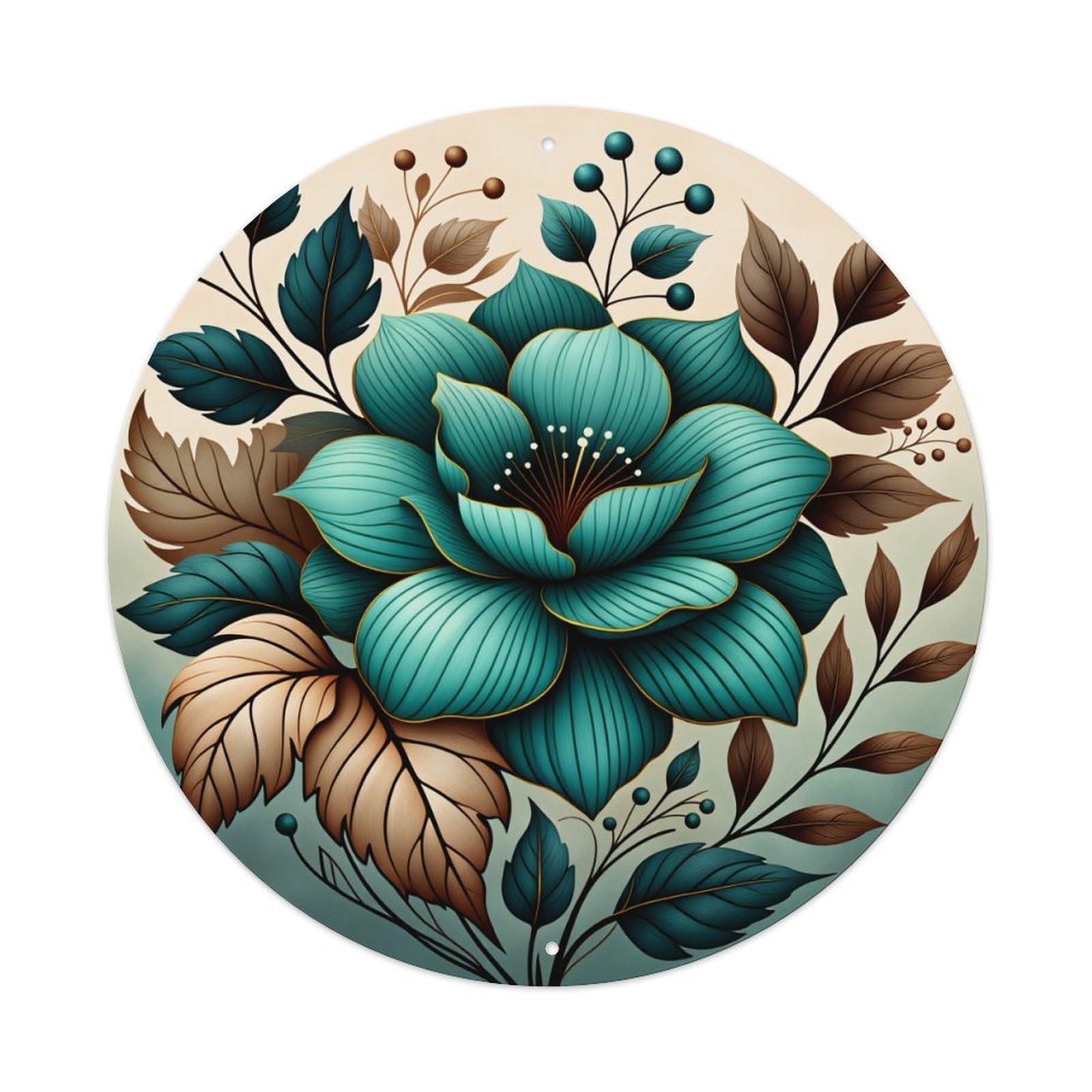 Teal Flower With Brown Leaves And Blue Berries Round Vintage Tin Sign,Retro Wall Art,Metal Poster for Home, Bar, Garage, Cafe, Rustic Indoor & Outdoor Decor, 8x8 Inches