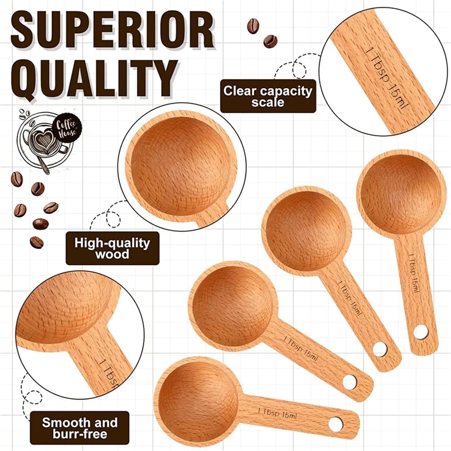 Coffee Scoop 10PCS 15ml Wood Coffee/Tea Scoops - Beech Measuring Spoon Set