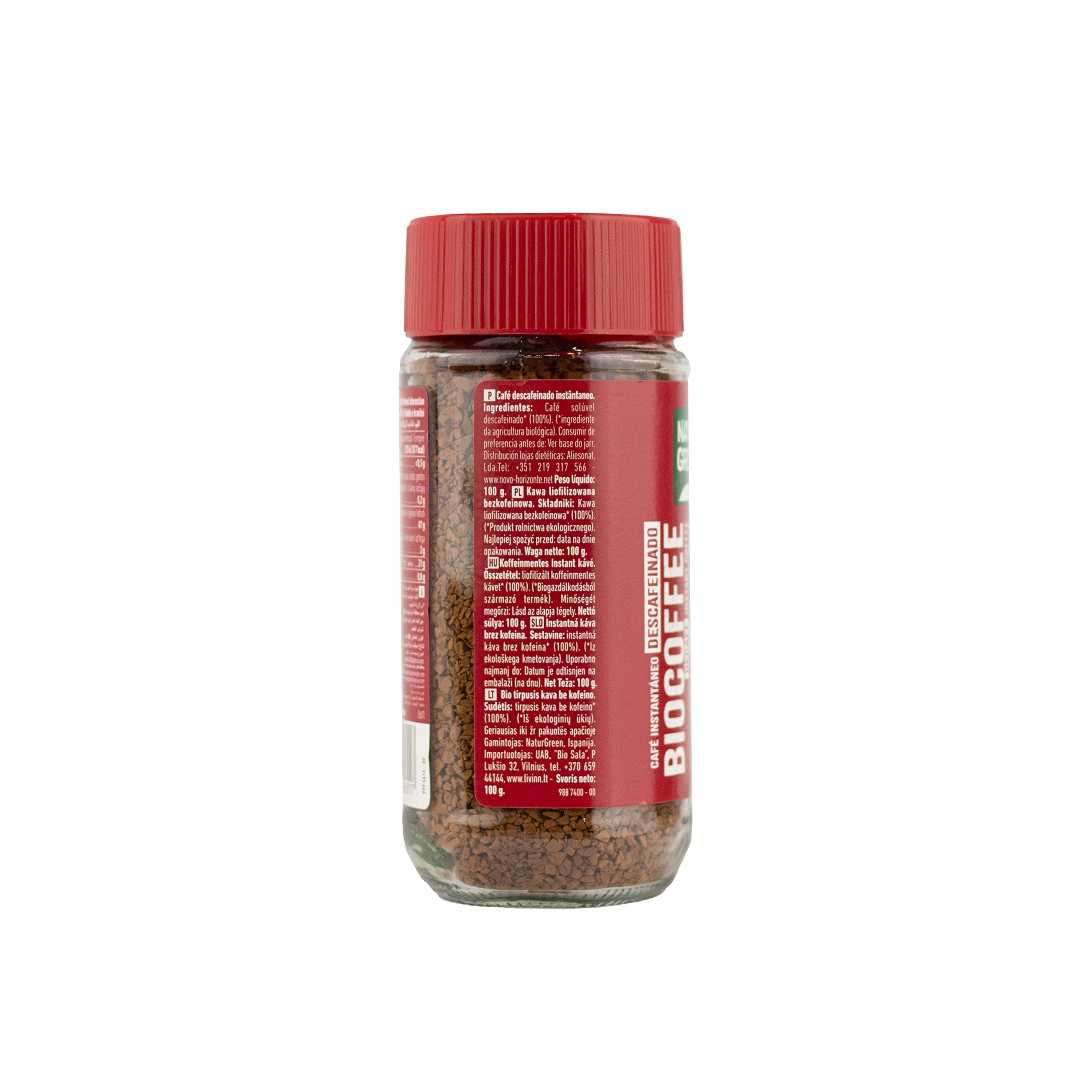 NaturGreen - Biocoffee Descafeinado Bio, Pack 6 x 100 g, Café Soluble Ecológico Instantáneo, Sin Cafeína, Vegano y Sostenible, Agricultura Ecológica