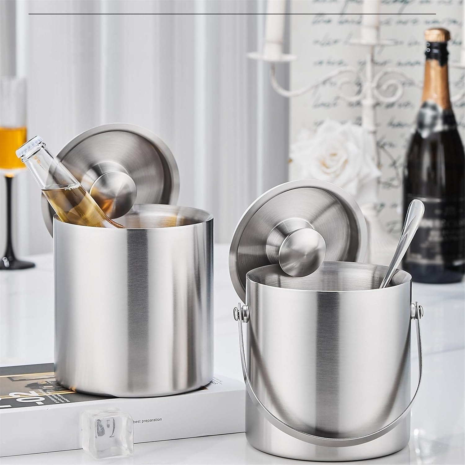 Ice Bucket Double-layer Stainless Steel Ice Bucket With Lid Home Bar Accessories Parties Champagne Drinks and Wine Cooler(Large)