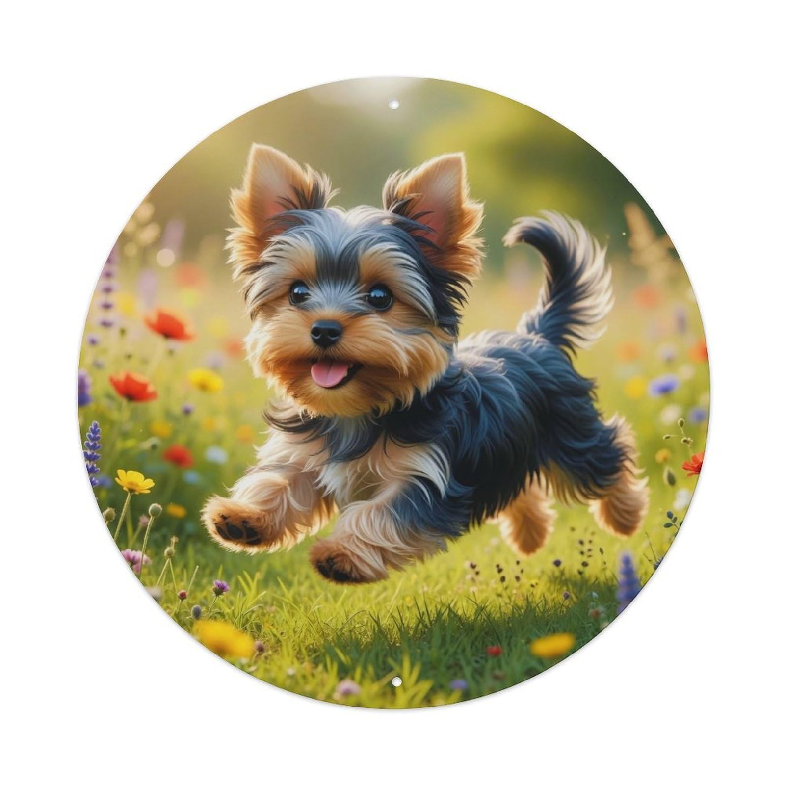 Animal Poster Yorkshire Terrier Puppy Wild Flower Meadow Vintage Metal Tin Sign Plaque Wall Decor for Cafe, Club Bar, Office, Garden Metal Poster 8x8Inch