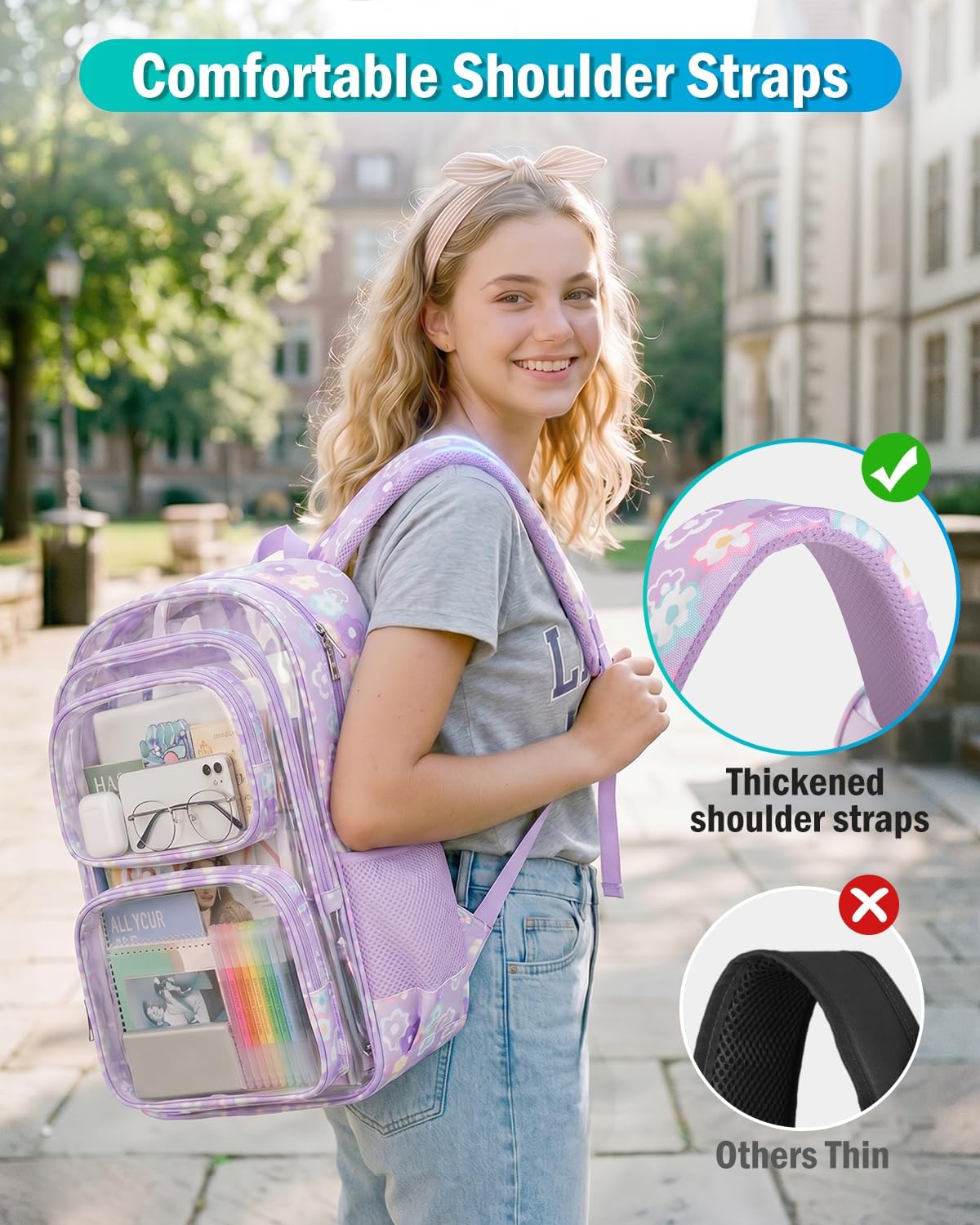 Clear Backpack, Fabric & PVC Clear Bookbag Heavy Duty Transparent Bag Large Capacity See Through Backpack with Thickened Shoulder Straps for College Work Travel Security, Purple