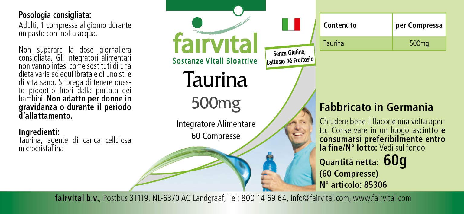 fairvital Taurina 500 mg, 60 compresse, ad alto dosaggio con 500 mg per compressa, VEGANO