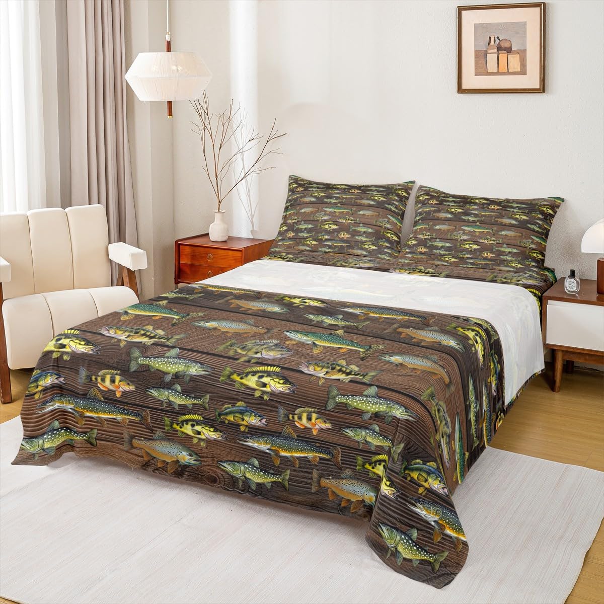 Homewish Juego de sábanas de caza y pesca, tamaño doble, para niños, niñas, hombres, tablones de madera marrón, ropa de cama rústica, juego de sábanas vintage de granja de 4 piezas