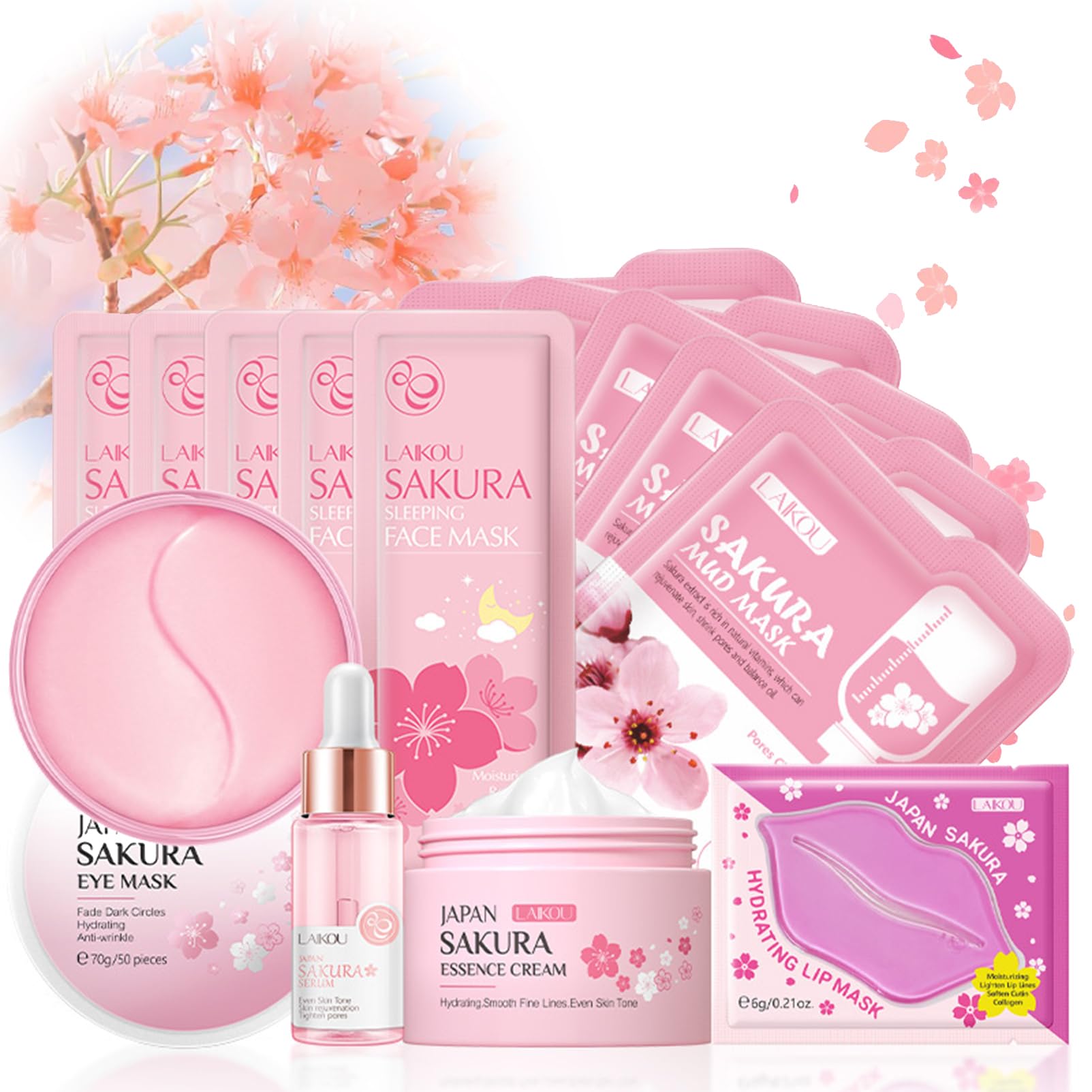Sakura Skin Care Sets & Kits for Women Gifts Pamper Sets, Valentine's Day Gifts For Women- Serum,Cream,Sleep Mask,Eye Mask-14PCS