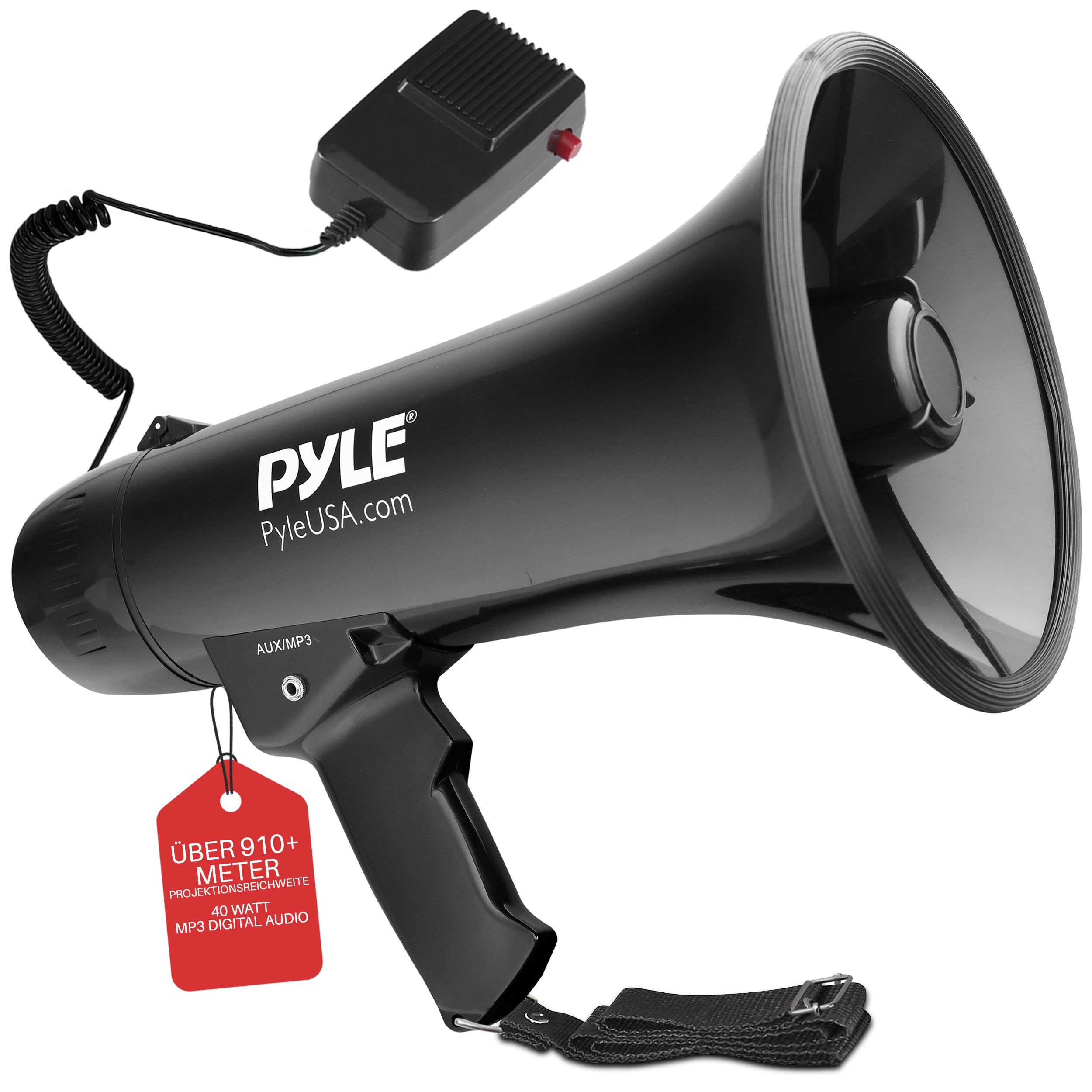 Pyle Megaphon mit Sirene – 40W, 915 m Reichweite, Aufnahmefunktion, Aux-Eingang