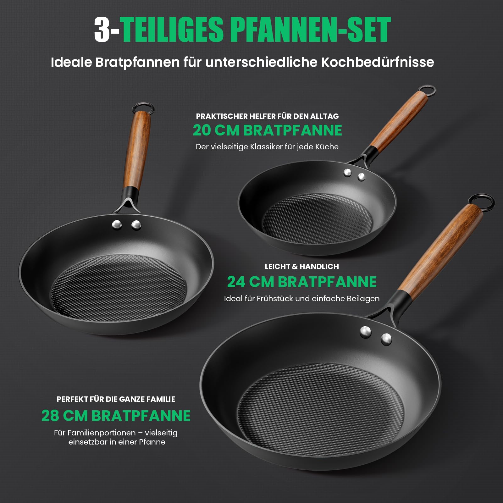 YUTANN Gusseisenpfannen Set 3-teilig, Bratpfannen aus Massivem Gusseisen | Pfannen Ø 20, 24 und 28 cm, Gleichmäßige Wärmeverteilung für Induktion, Gas, Elektro und Glaskeramik Geeignet