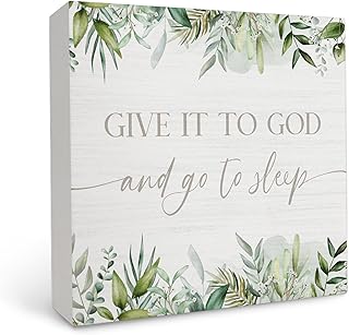 Give It to God and Go to Sleep Sign,Bedroom Decor,Rustic Wood Box Sign Block Plaque for Home Bedroom Shelf Table Decor
