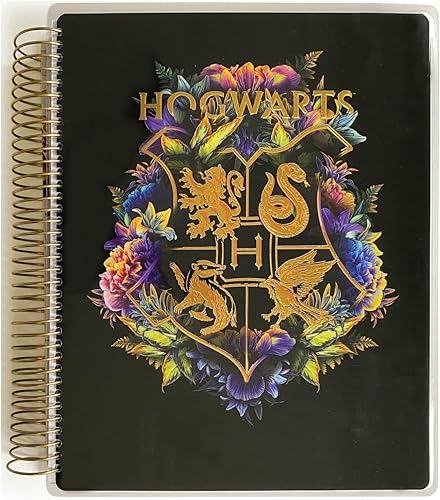 Paper House Productions Harry Potter - Agenda de 12 meses sin fecha de 9.5 pulgadas con calcomanías de bandera de mes y evento, escudo floral de