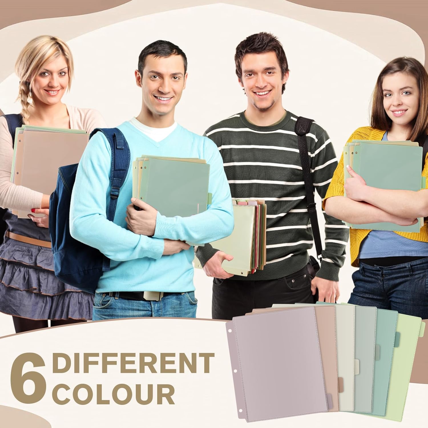 Honoson 30 Pcs Plastic Folders with Clear Front Pocket 3 Hole Morandi Punched Folders for 3 Ring Binder 1/6 Cut Tabs for School Office Classroom