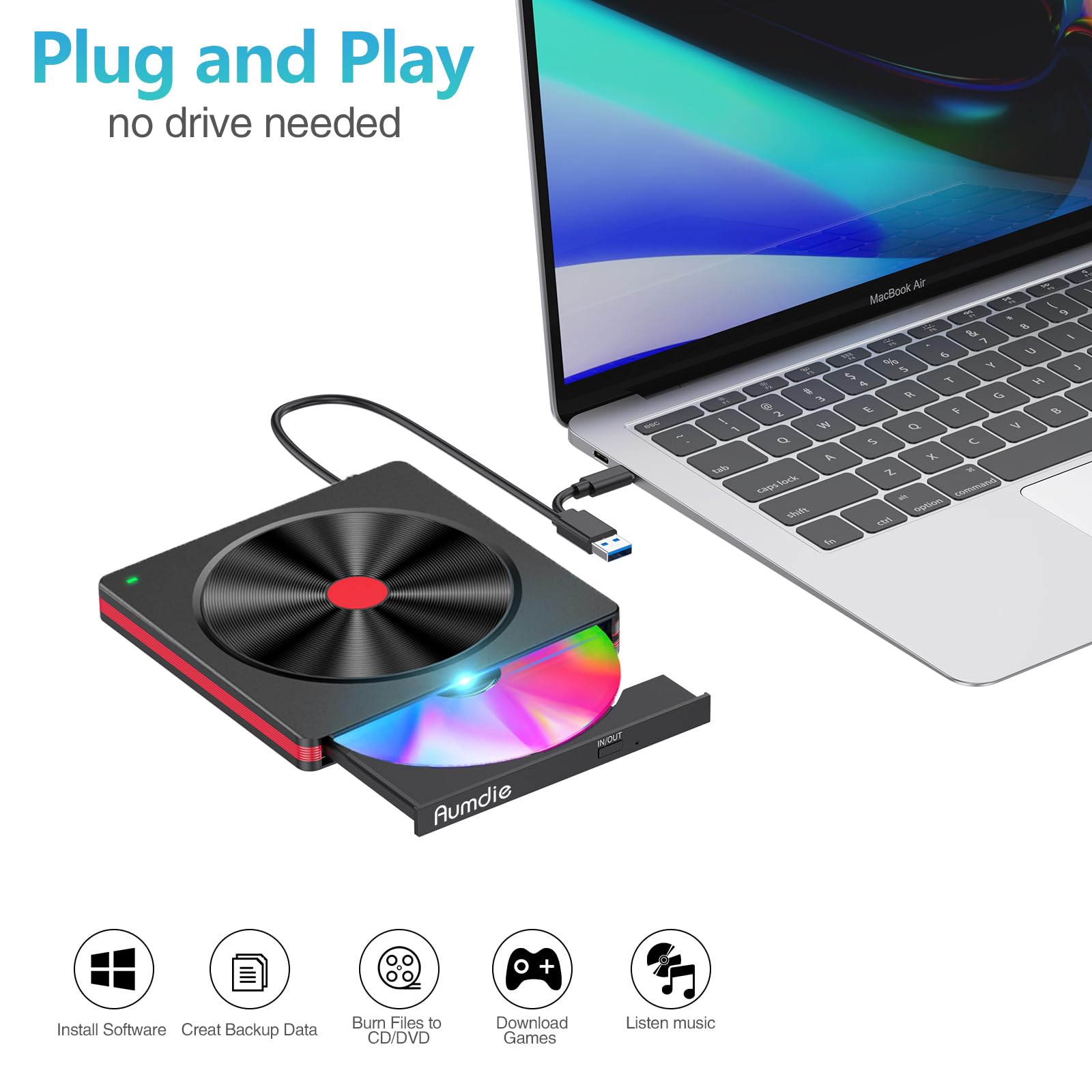 Dışarı CD DVD sürücü,USB3.0 Türü C Taşınabilir CD/DVD +/-RW sürücü