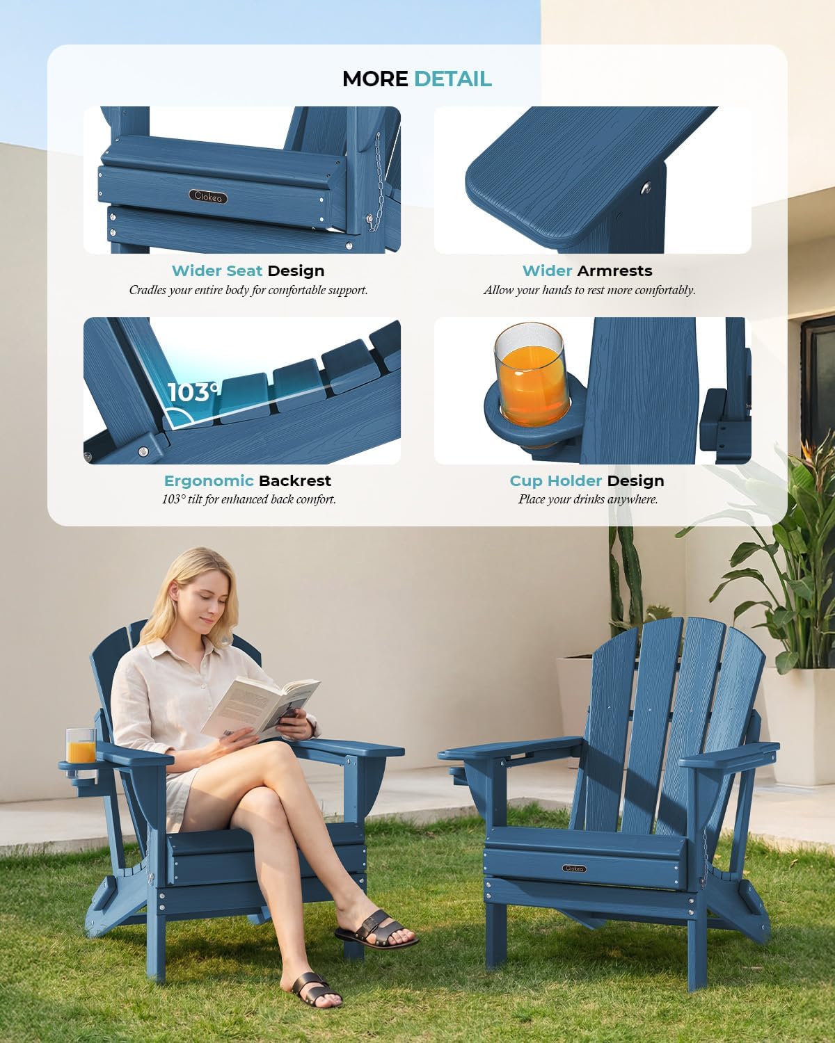 Ciokea Folding Adirondack Chair Wood Texture, Patio Adirondack Chair Weather Resistant, Plastic Fire Pit Chair with Cup Holder, Lawn Chair for Outdoor Porch Garden Backyard Deck (Royal Blue)