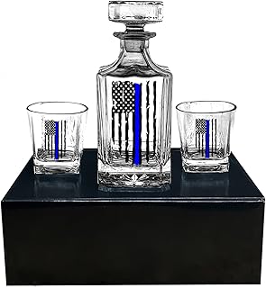 Rogue River Tactical Blue Line Tattered Flag Police Officer Whiskey Decanter Gift Set With