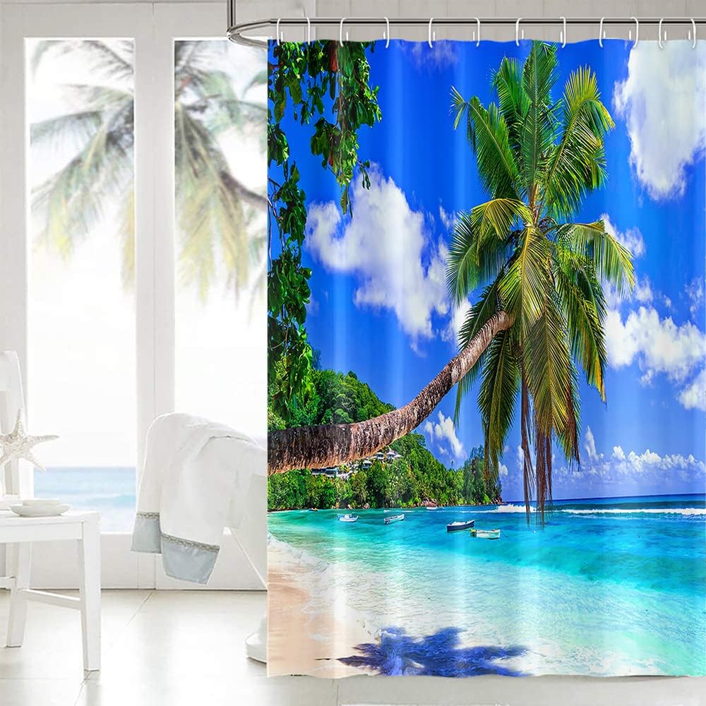 Summer Tropical Beach Shower Curtains Green Coconut Tree Ocean View Nature Blue Sky White Clouds Shower Curtain for Bathroom Decor Waterproof Polyester Fabric with 12 Hooks, 72x72 Inch