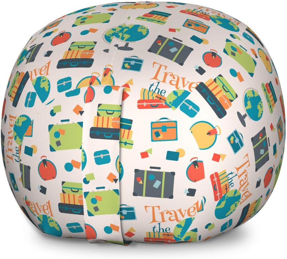 Ambesonne Travel The World Storage Toy Bag Chair, Calligraphy with Colorful Travel Suitcases Luggage and an Earth Globe, Stuffed Animal Organizer Washable Bag, Large Size, Green Aqua