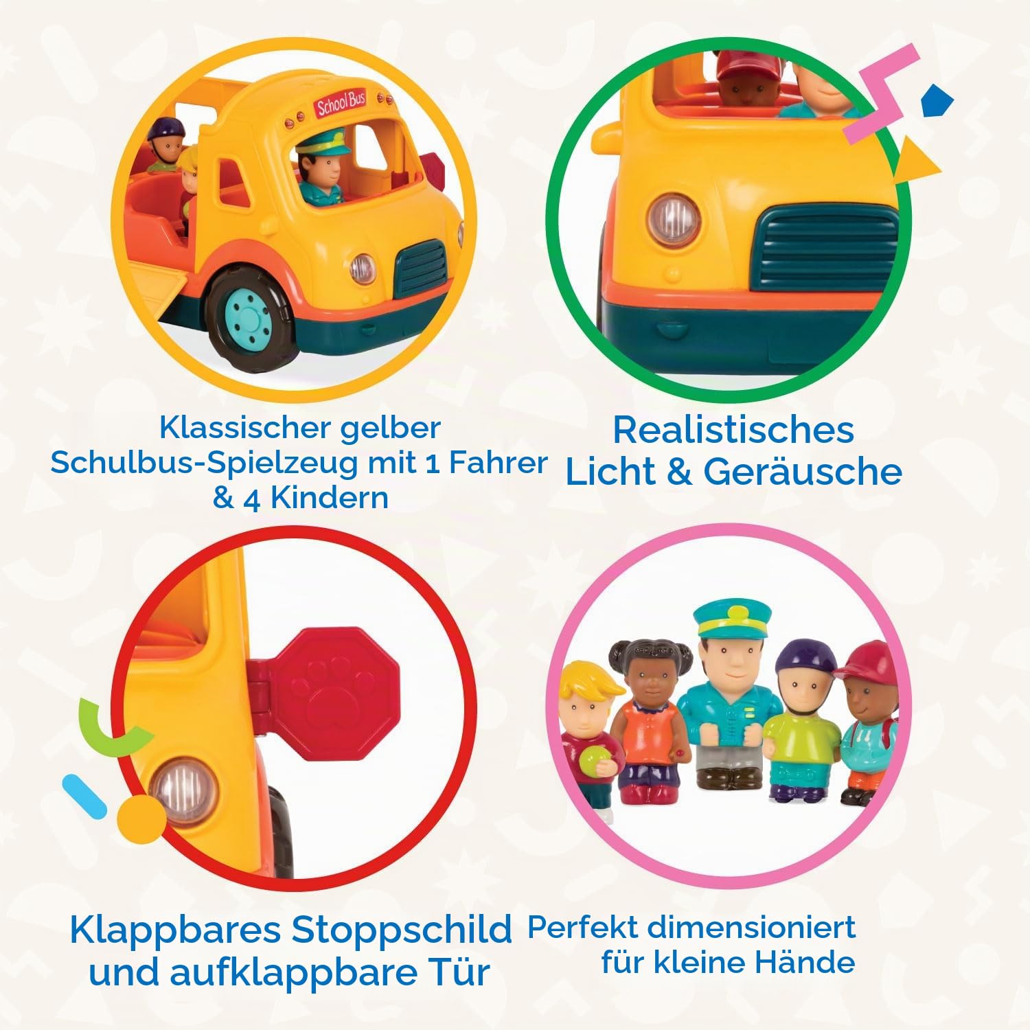 Battat - Licht & Geräusche Schulbus - Gelber leuchtender Schulbus - 5 Spielzeugfiguren - Realistische Geräusche - Klappbares Stoppschild - 18 Monate +