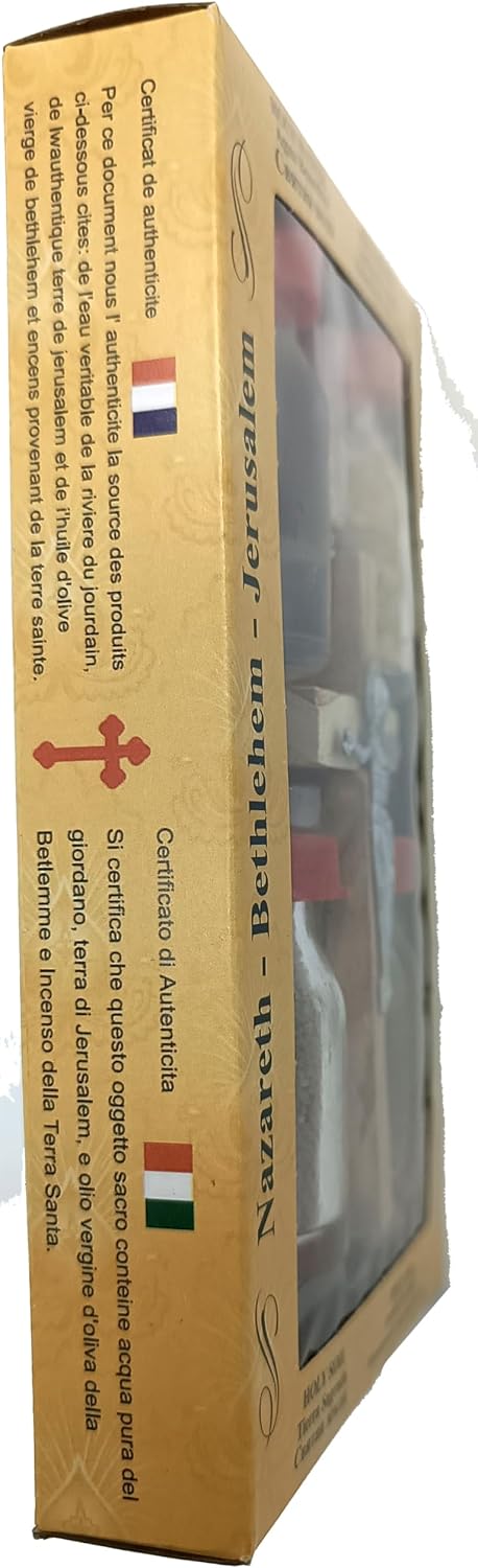 Zuluf Holy Land Set 5 In1 Olive Wood Cross Set with 4 Bottles - Oil, Jordan Water,Holy Land Essences & Holy Earth with Certificate