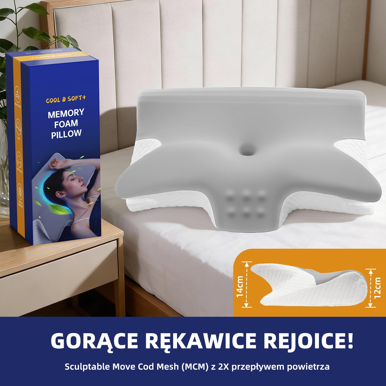 Ergonomiczna Poduszka Pod Kark 2 w 1, Poduszka z Pianki Plecach i Brzuchu, Poduszka Ortopedyczna do Spania Dla Osób Śpiących na Plecach, na Boku i na Brzuchu - 60x43x14/12cm Jasnoszary