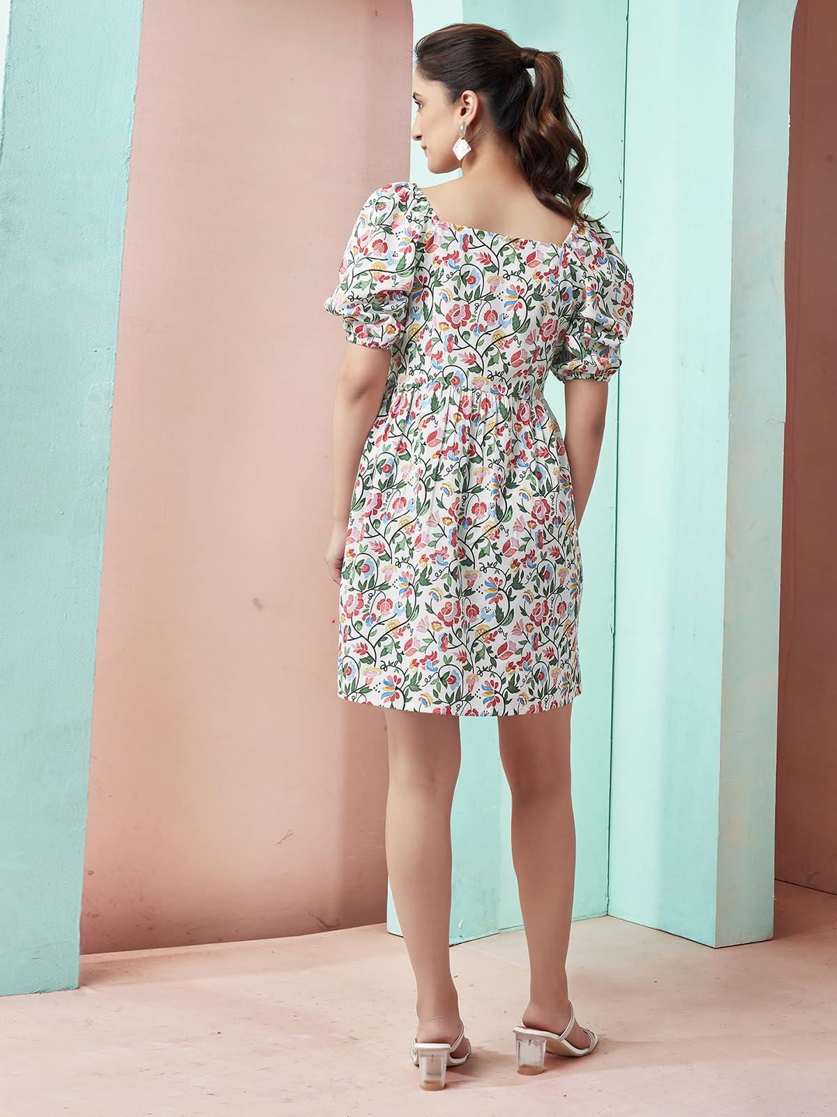 Selvia Western Dress For Women| Floral Printed Short Sleeve Crepe Western Dress For Women | Sweetheart Neck A-Line Dress For Women | One Piece Dress For Women (644Dtk655N-Xl_White & Multi)