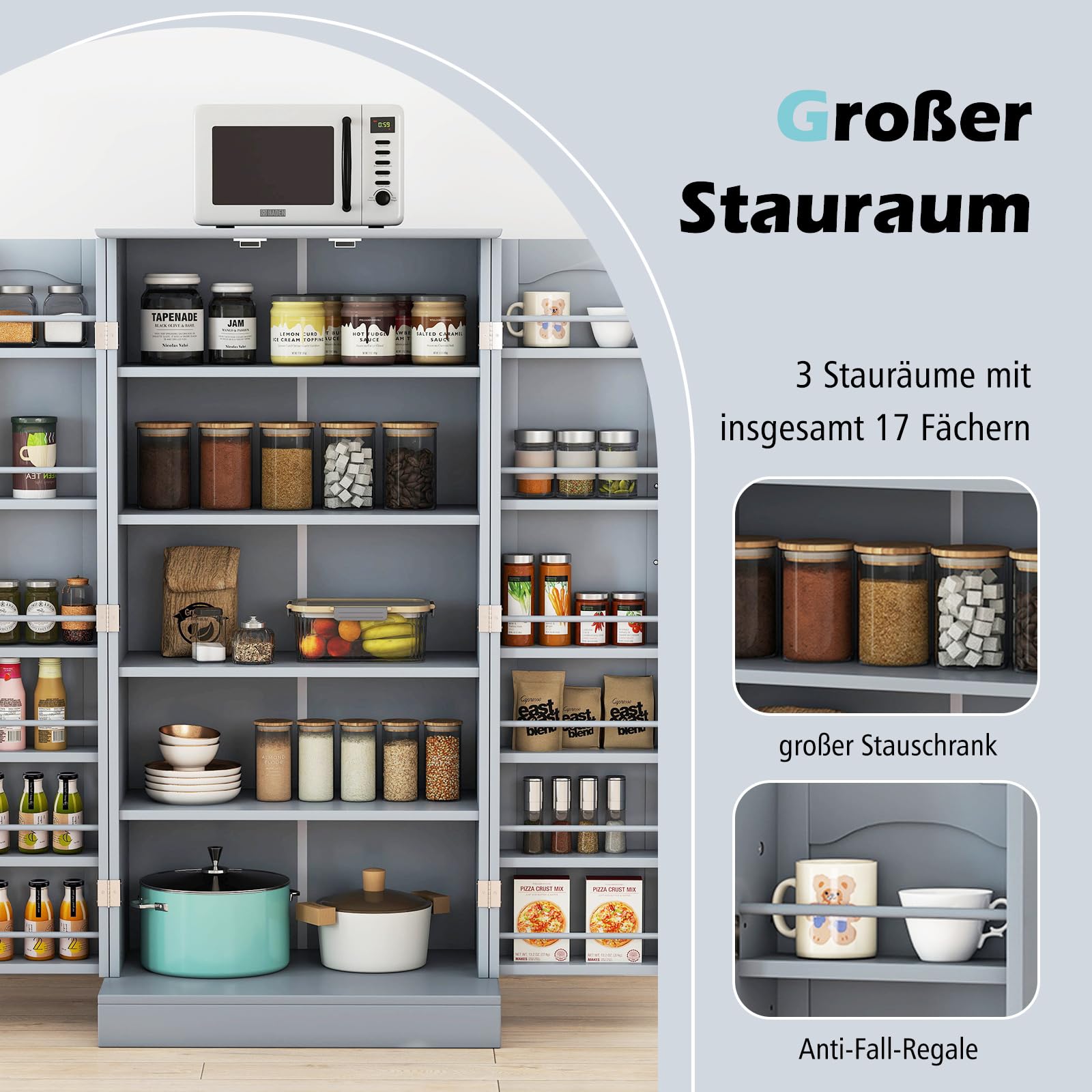 COSTWAY Szafka kuchenna, szafka na zapasy, szafka do przechowywania z 2 drzwiami i 6 regulowanymi półkami, uniwersalna szafka do kuchni, salonu, jadalni, 60 x 40 x 120 cm (szara)