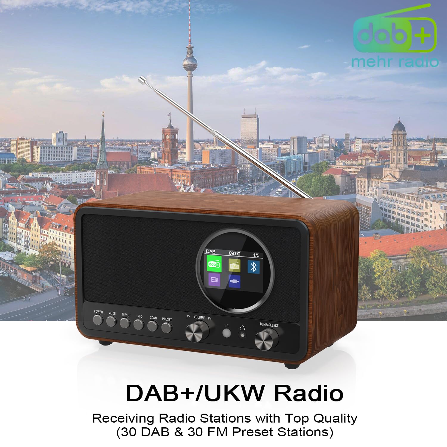Radio portatile DAB+ FM Monodeal con 60 preset, sveglia e altoparlante HiFi 5W