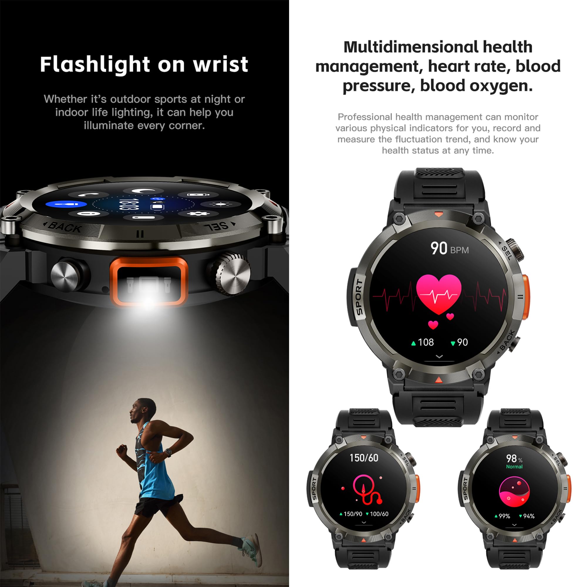 Smartwatche Mężczyźni z Funkcje Telefonu Bluetooth, Sportowy Smartwatch 1,45 Cala ze 123 trybami Sportowymi, Pochodnia, Pomiarem Tętna, Odtwarzaczem Muzycznym, Wodoodpornością IP68 dla Android iOS